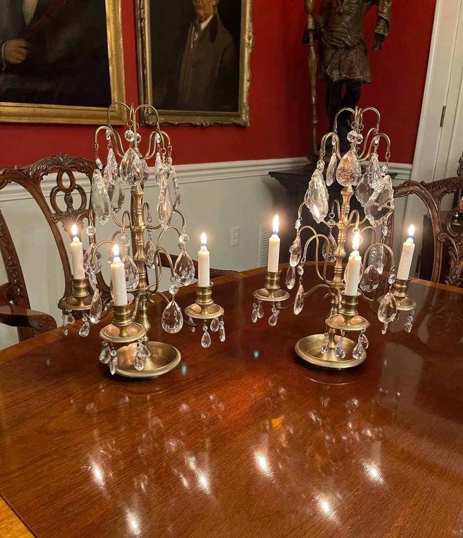Pair of French Brass and Crystal Girandoles - 2