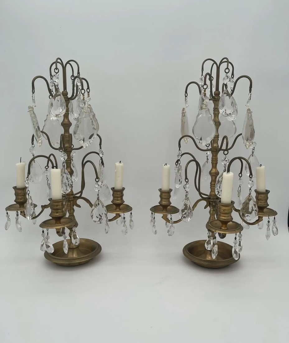 Pair of French Brass and Crystal Girandoles - 3