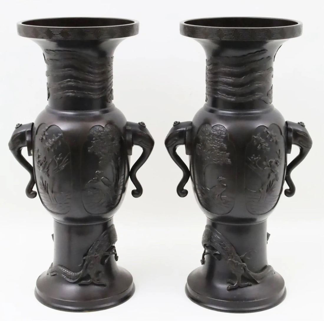 Large Meiji Japanese Patinated Bronze Vases - A Pair - 2