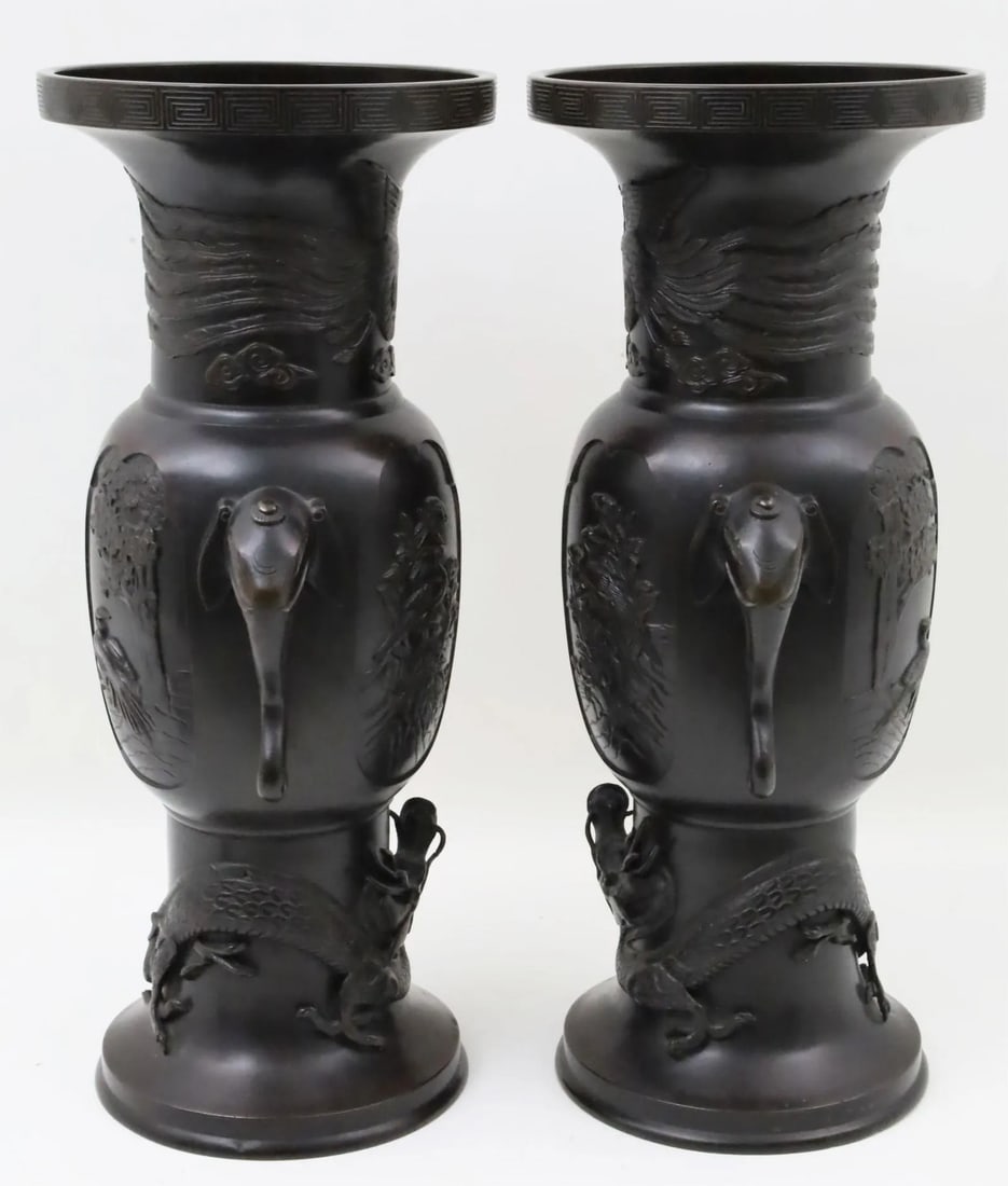 Large Meiji Japanese Patinated Bronze Vases - A Pair - 3