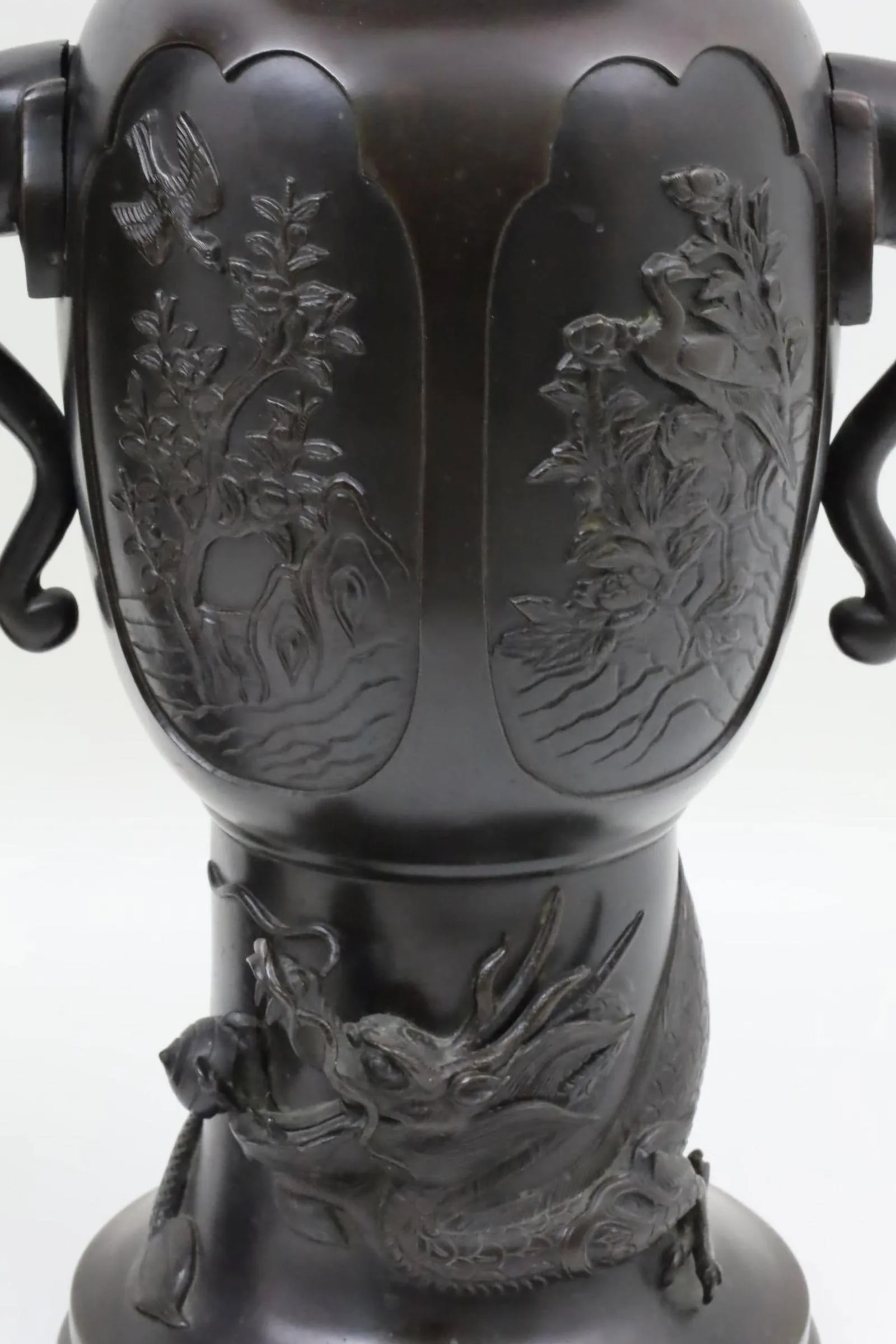 Large Meiji Japanese Patinated Bronze Vases - A Pair - 4