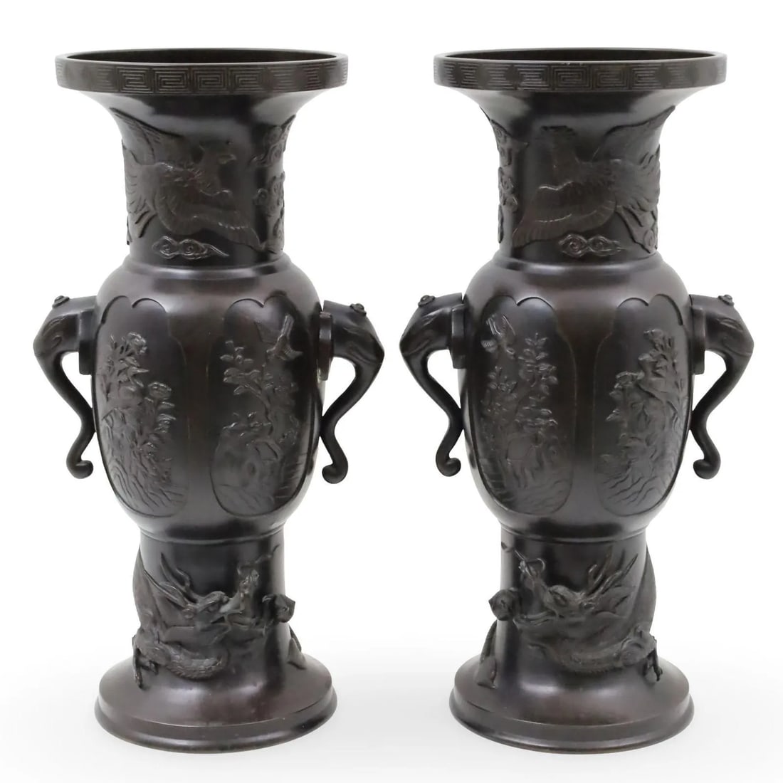 Large Meiji Japanese Patinated Bronze Vases - A Pair - 6