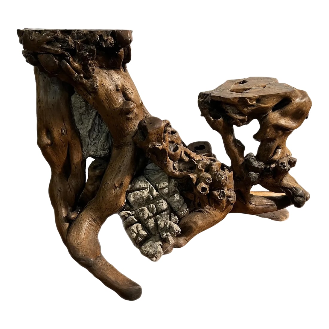 Large Root Plant Stand With Embedded Rocks: The large plant stand is sculpture is made of a natural multiple group of tree roots that grew on a rocky hillside in Southwest China, especially in the provinces of Guangxi and Southern Yunnan. When 