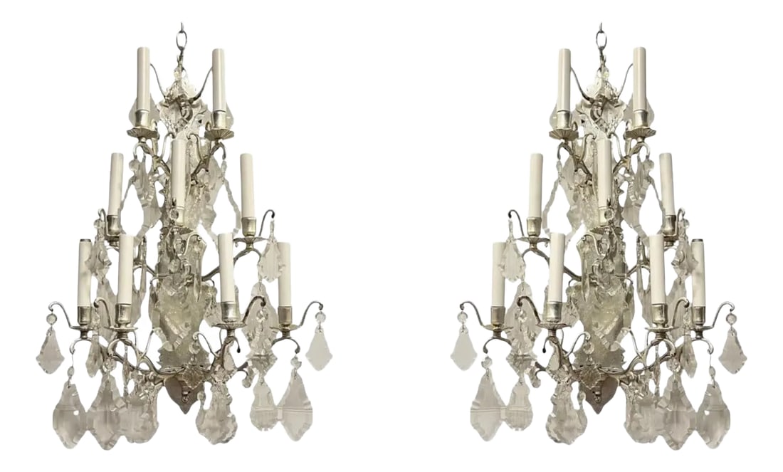 Vintage Silvered Bronze and Crystal 9-Light Sconces - A Pair: Exceptional pair of vintage mid-century wall appliques crafted from bronze with silvered finish in the French Belle Epoque style, with nine electrified candle holders on three levels. Each 26 by 18