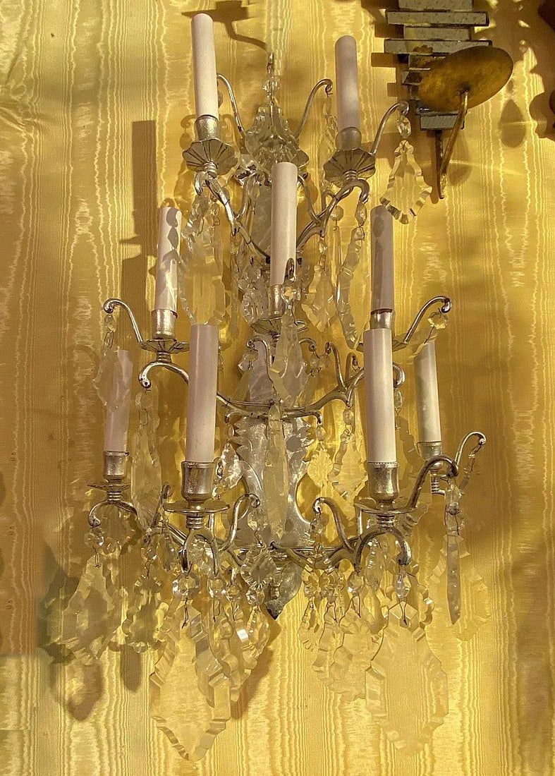 Vintage Silvered Bronze and Crystal 9-Light Sconces - A Pair - 2