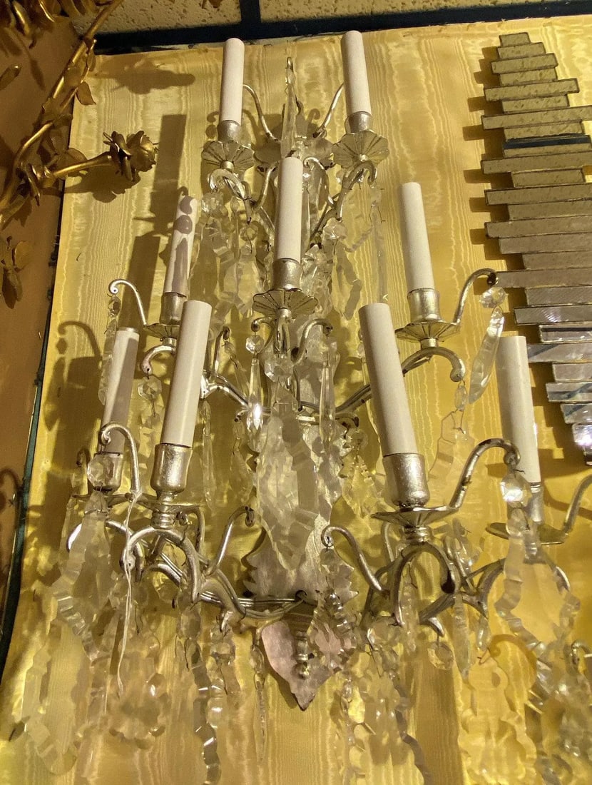 Vintage Silvered Bronze and Crystal 9-Light Sconces - A Pair - 3