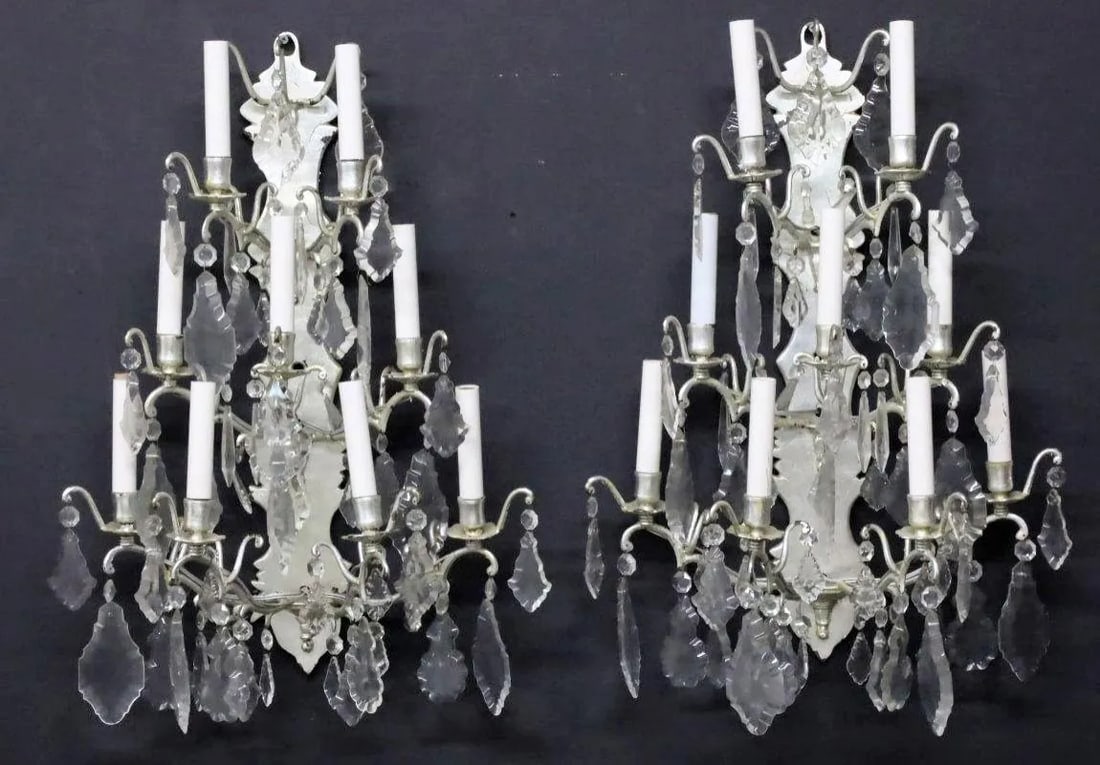 Vintage Silvered Bronze and Crystal 9-Light Sconces - A Pair - 4