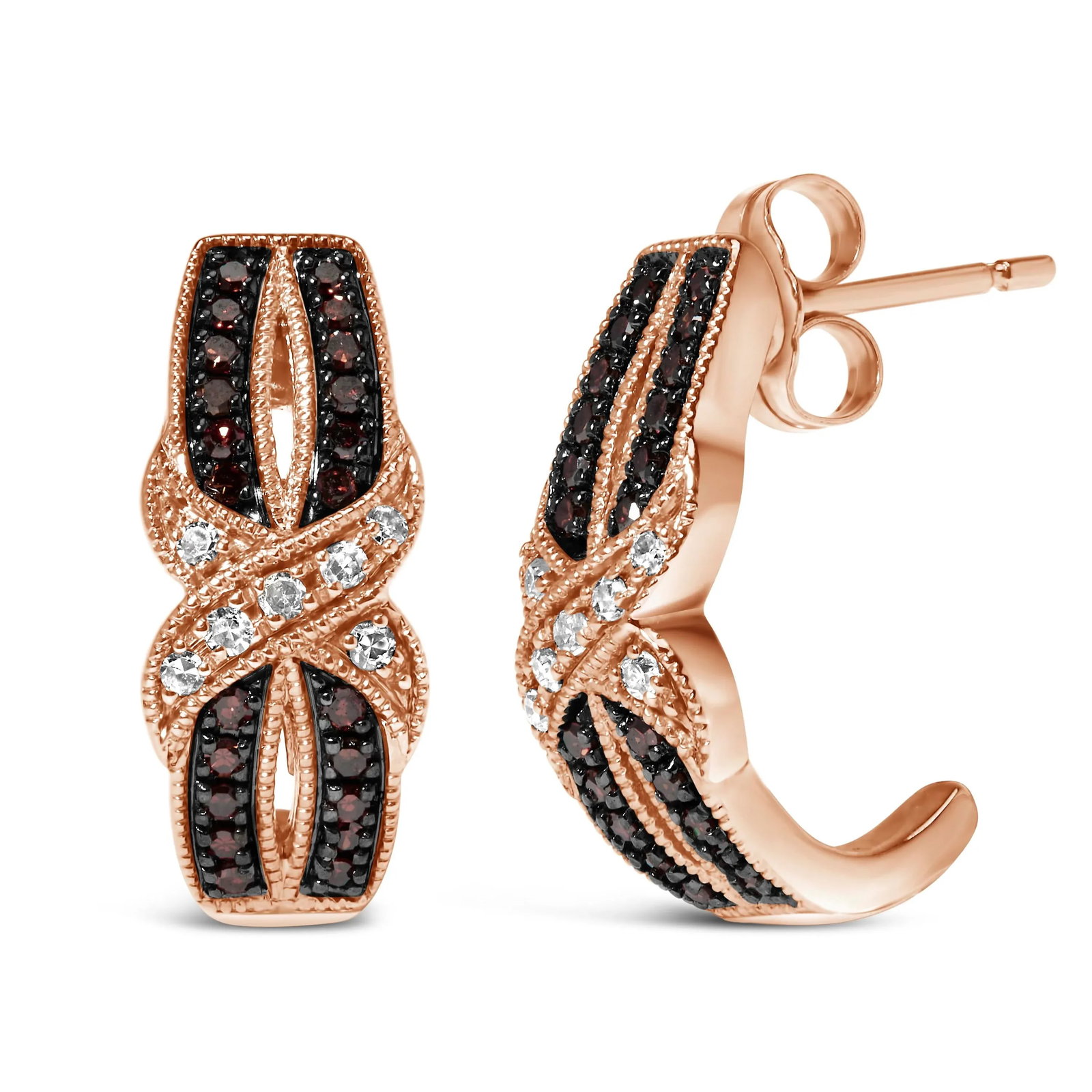 10K Rose Gold 1/3 Cttw White and Brown Diamond Milgrain Criss Cross J-Hoop Earrings (I-J Color, I1-I: Unveil elegance with these mesmeric 10K rose gold J-Hoop earrings, crafted to perfection with a sophisticated criss-cross design that gently dangles at 3/5 inches. Each piece shimmers with an