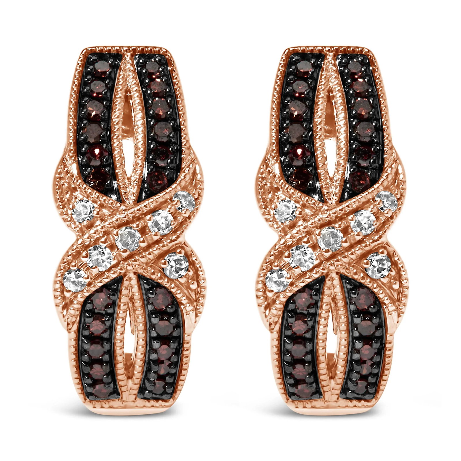10K Rose Gold 1/3 Cttw White and Brown Diamond Milgrain Criss Cross J-Hoop Earrings (I-J Color, I1-I - 2