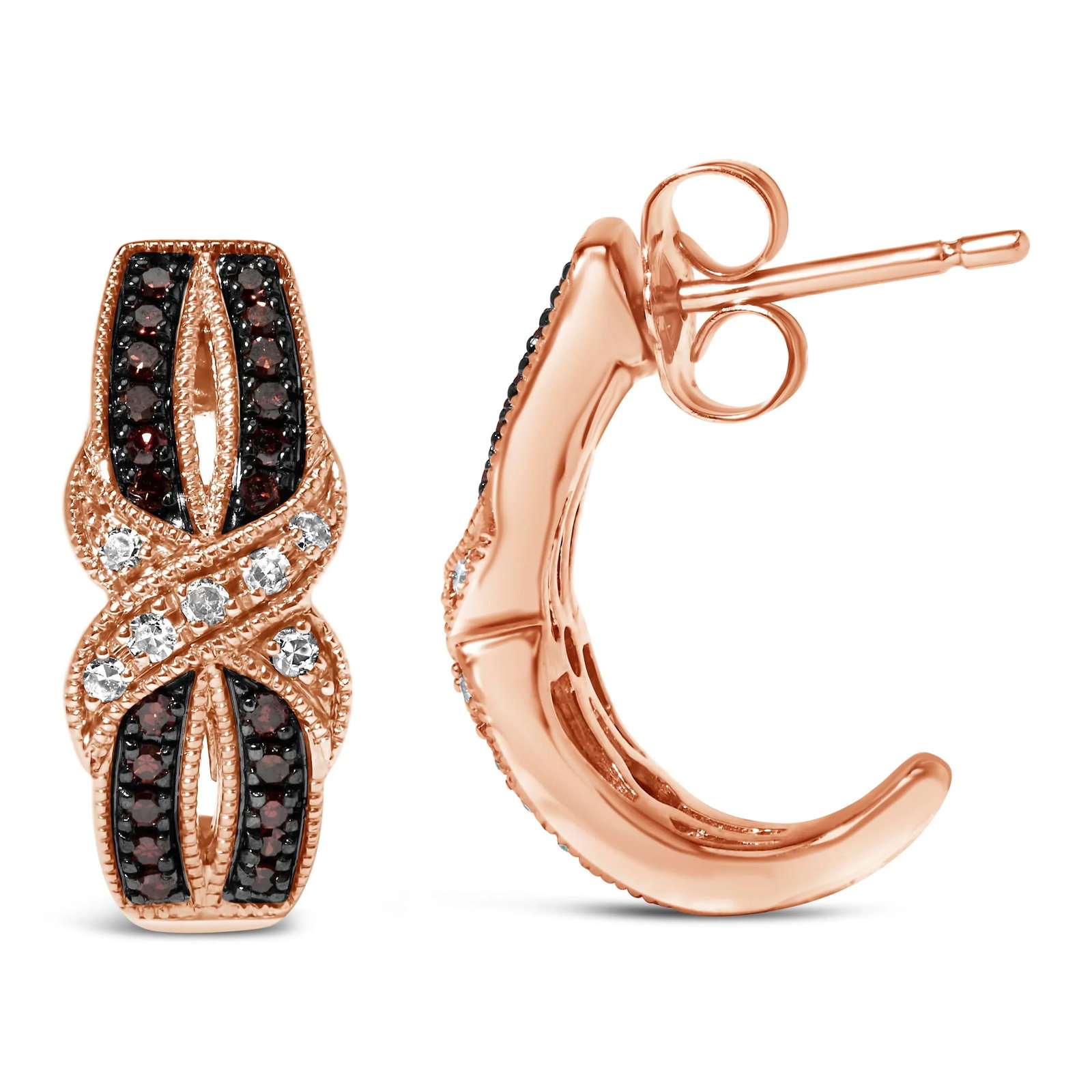 10K Rose Gold 1/3 Cttw White and Brown Diamond Milgrain Criss Cross J-Hoop Earrings (I-J Color, I1-I - 3