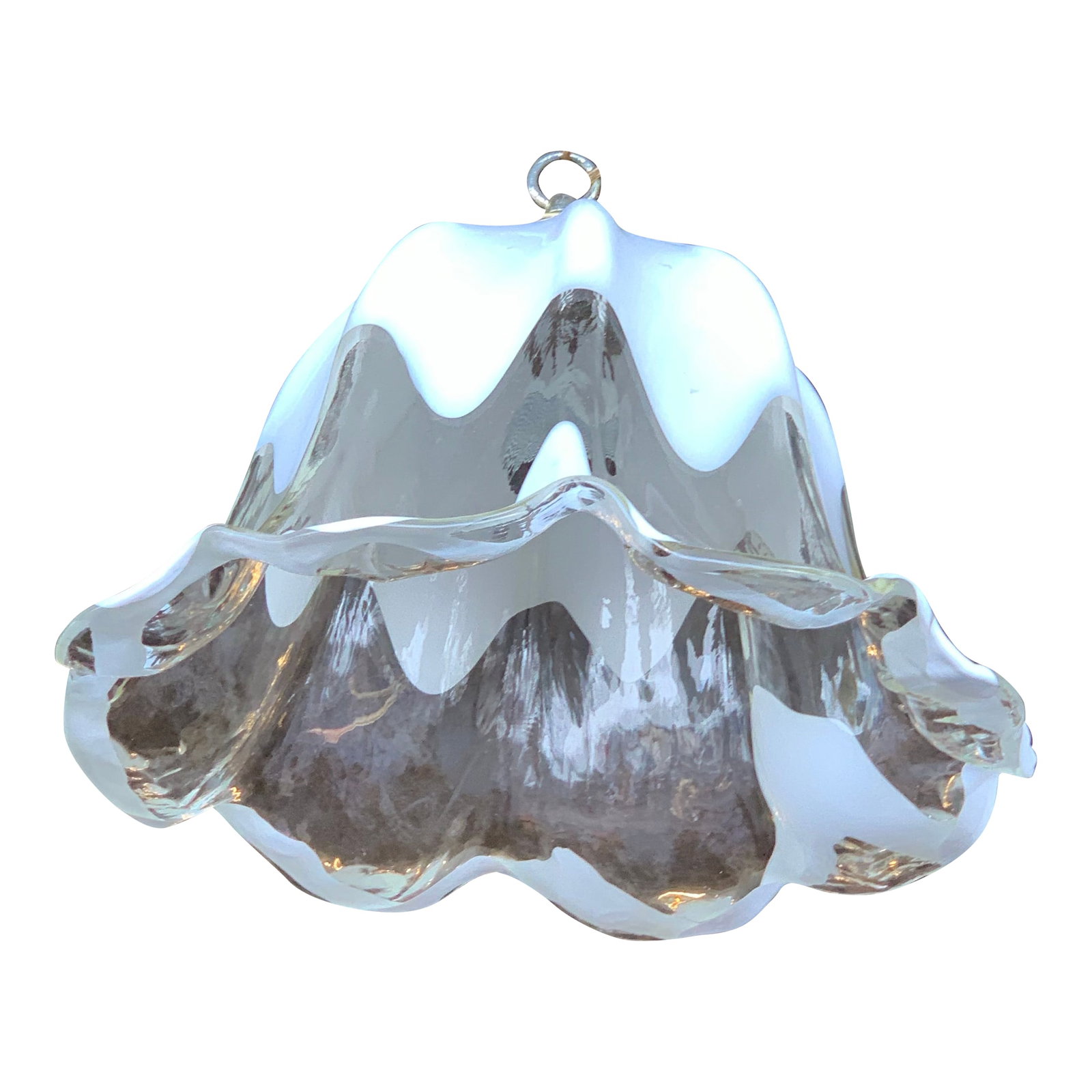 1970s Murano Style Glass Tulip Pendant Lamp With Ribbon Fluted Edges: 1970s Murano Glass Tulip Pendant Lamp with Ribbon Fluted Edges. Handmade piece with ribbons of white art glass that are flowing across the fluted edges of Glass. Hardwired to ceiling. No label found.