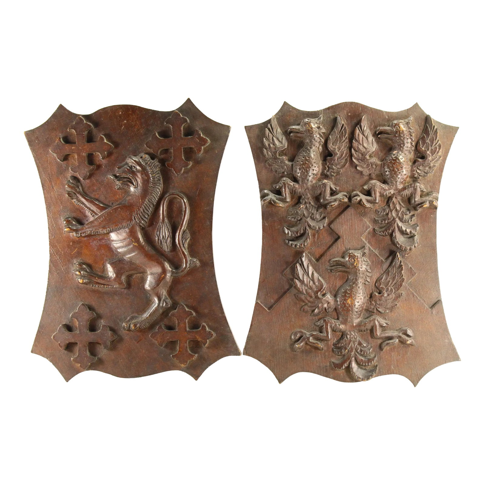 Pair of 19th Century Carved Oak Armorial Shields Eagles, Lion Rampant, Maltese Crosses: A pair of impressive carved wooden panels Heraldry themed, featuring characteristic coat of arms insignia A lion rampant facing left with 4 Maltese crosses at corners on one and three eagles with