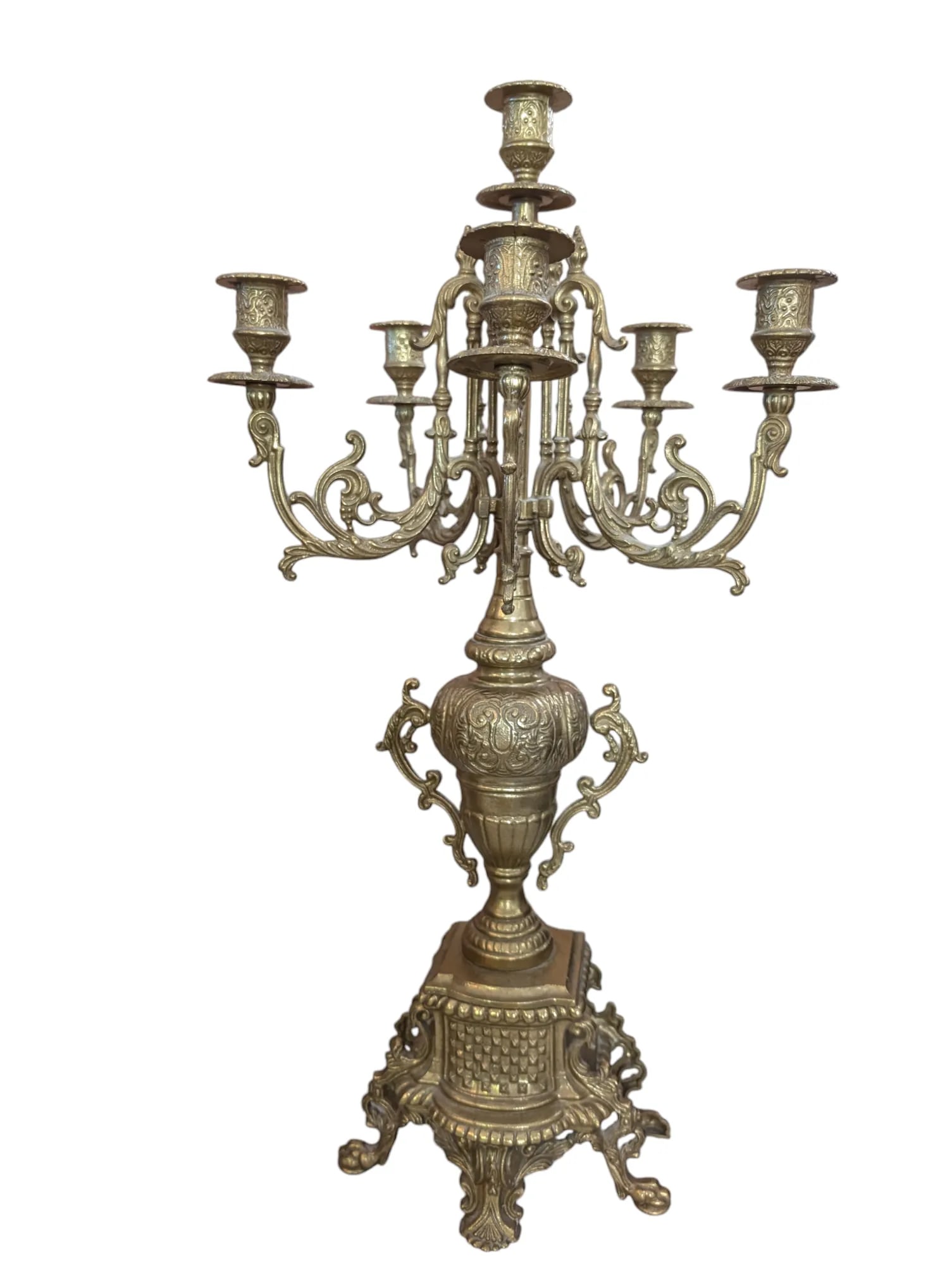 Antique Italian Brass Mantle Clock and Double Candelabra Set - 3 Pieces - 10