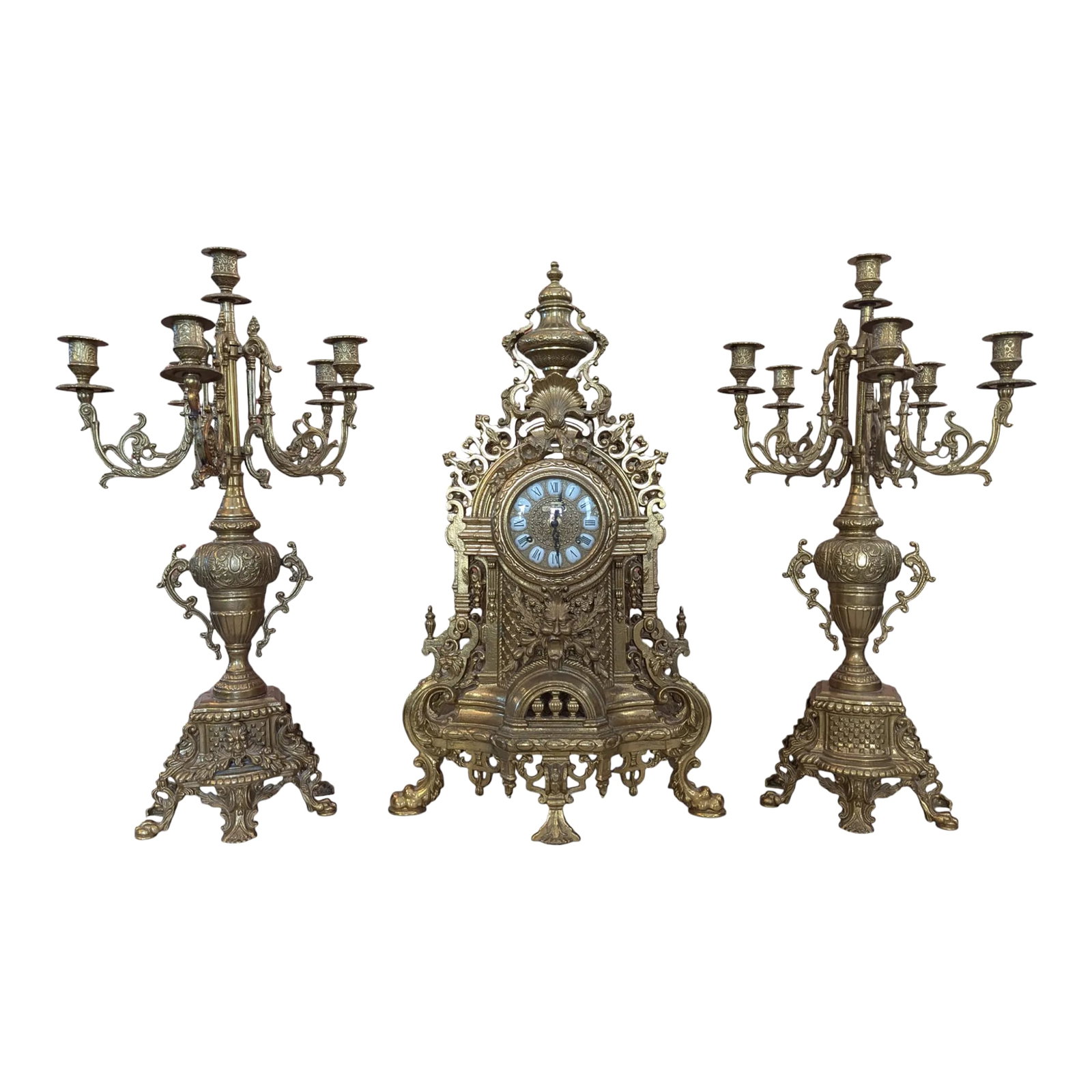 Antique Italian Brass Mantle Clock and Double Candelabra Set - 3 Pieces: No one does style like the Italians and this gorgeous clock and candelabra set proves it. Simply stunning mantle piece collection featuring solid brass clock and candle holders with ornate detail thro