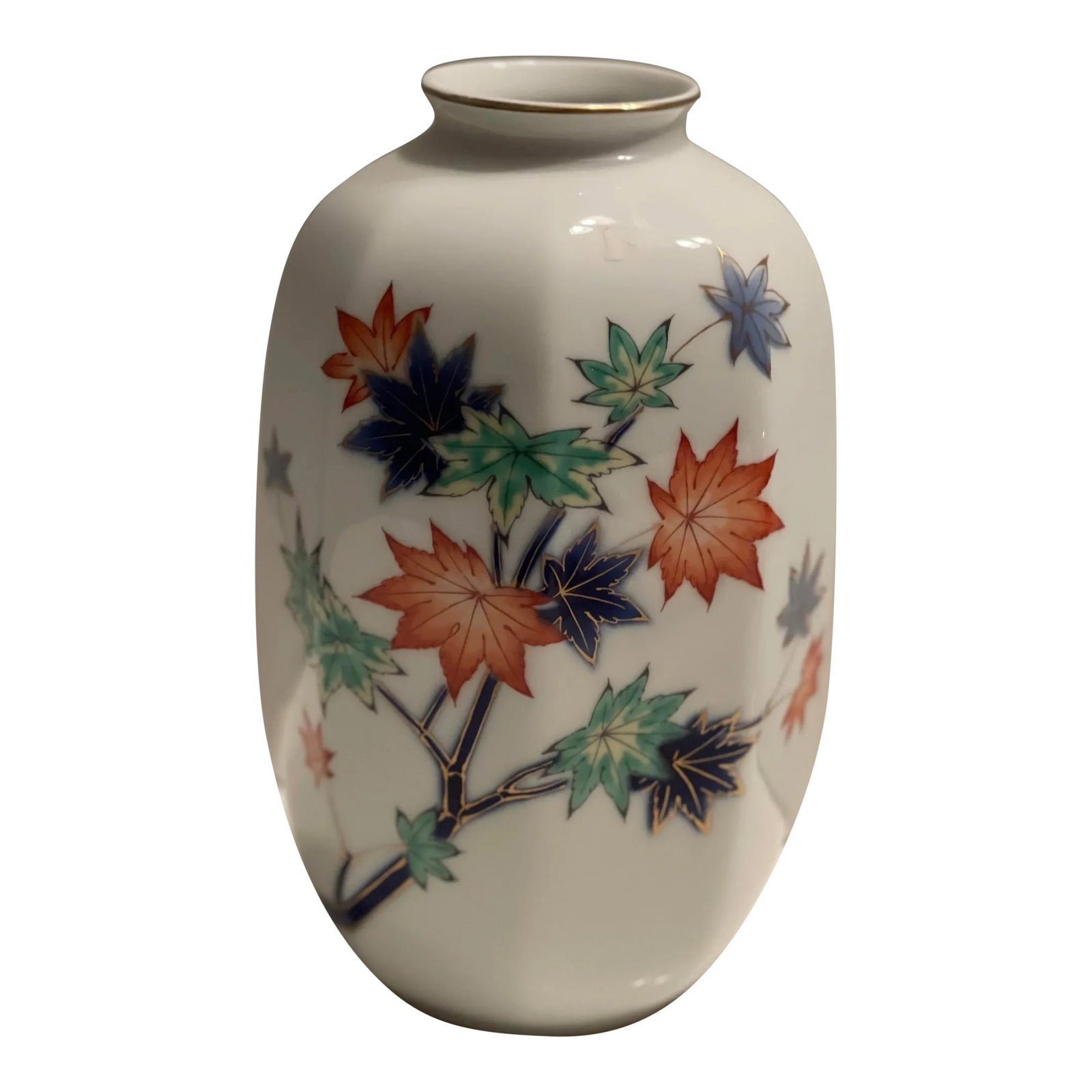 Late 19th Century Arita Ware Japan Fukagawa Porcelain Vase With Gold-Tinted Leaves, Stamped: Vintage Japanese Porcelain Vase Leaves with Gold Trim, Arita Ware, signed. Fukagawa kiln 9in. x 5in., 2.5in. (top) Condition: Alterations: Original Condition Unaltered Imperfections: Some