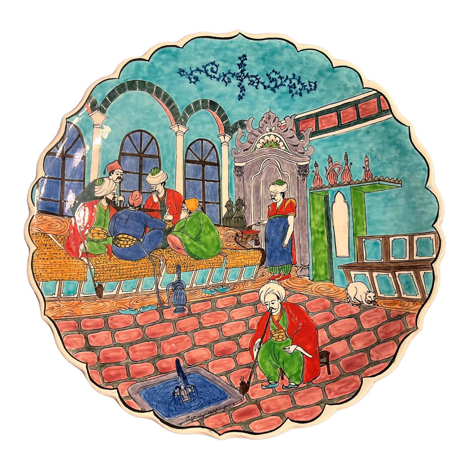 1970s Persian Miniatures Coffee House Scene - Hand Painted Orientalist Charger: Original Persian Turkish Ceramic Handpainted Miniature Kutahya Charger PAINTING Original intricately painted Persian / Turkish miniature ceramic centerpiece charger. Superb vibrant colors and detail.
