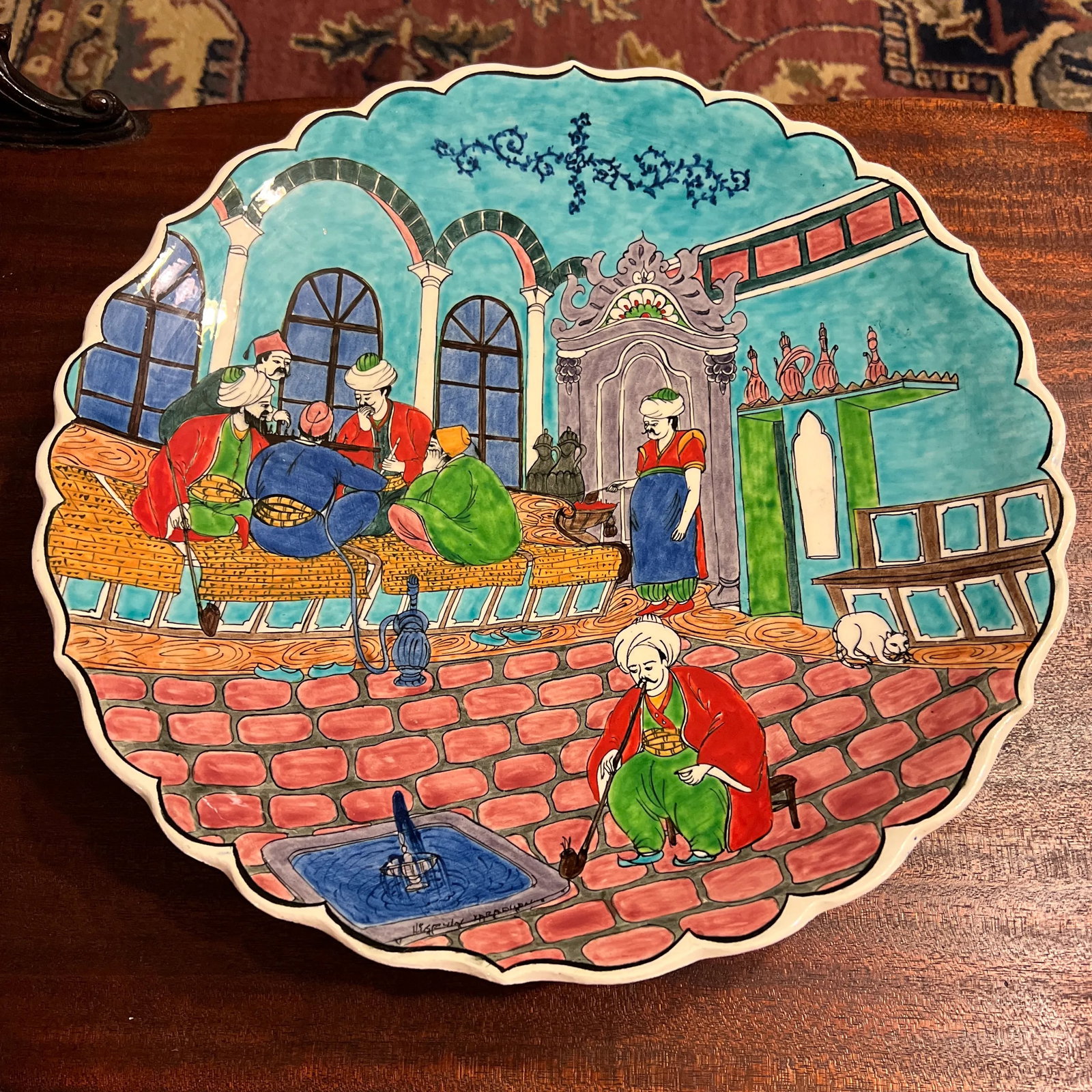 1970s Persian Miniatures Coffee House Scene - Hand Painted Orientalist Charger - 2