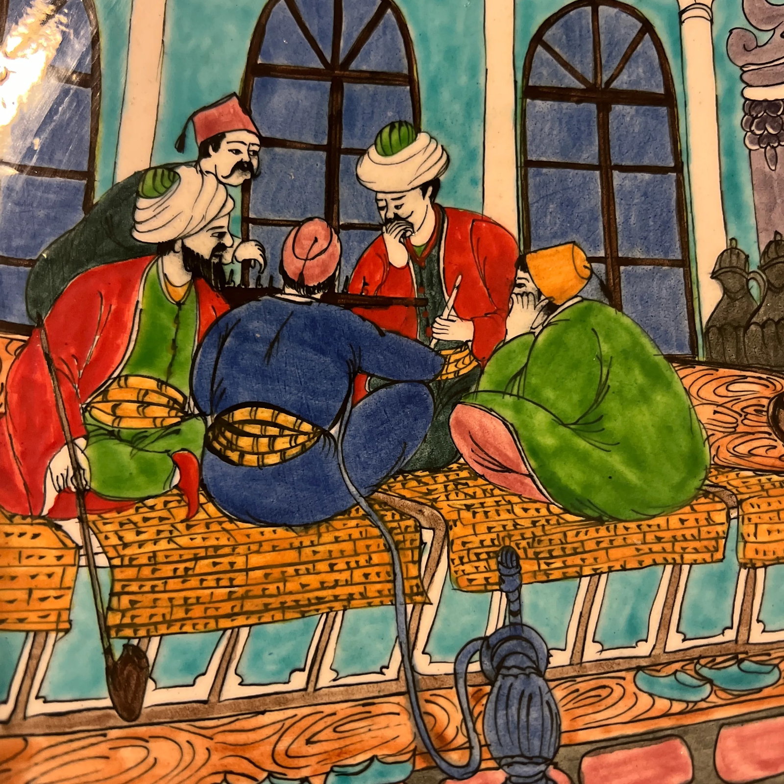 1970s Persian Miniatures Coffee House Scene - Hand Painted Orientalist Charger - 4