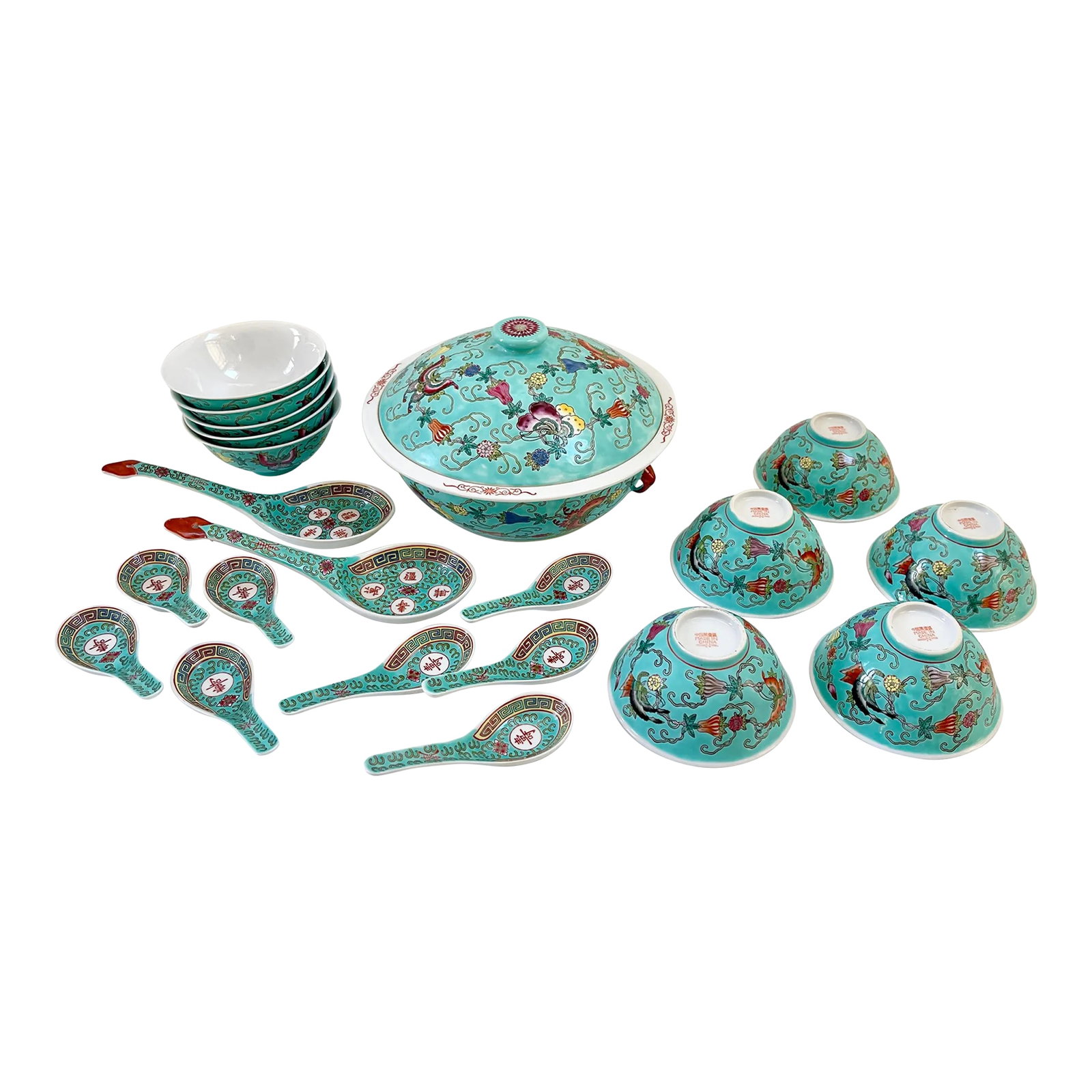 Turquoise Famille Rose Soup Tureen & Bowls Serving Set - Set of 21: Stunning Asian Famille Rose Turquoise lidded soup tureen with 10 matching bowls, 2 large serving spoons and 8 smaller soup spoons. All in excellent vintage. Maker's mark on underside. Soup Tureen -
