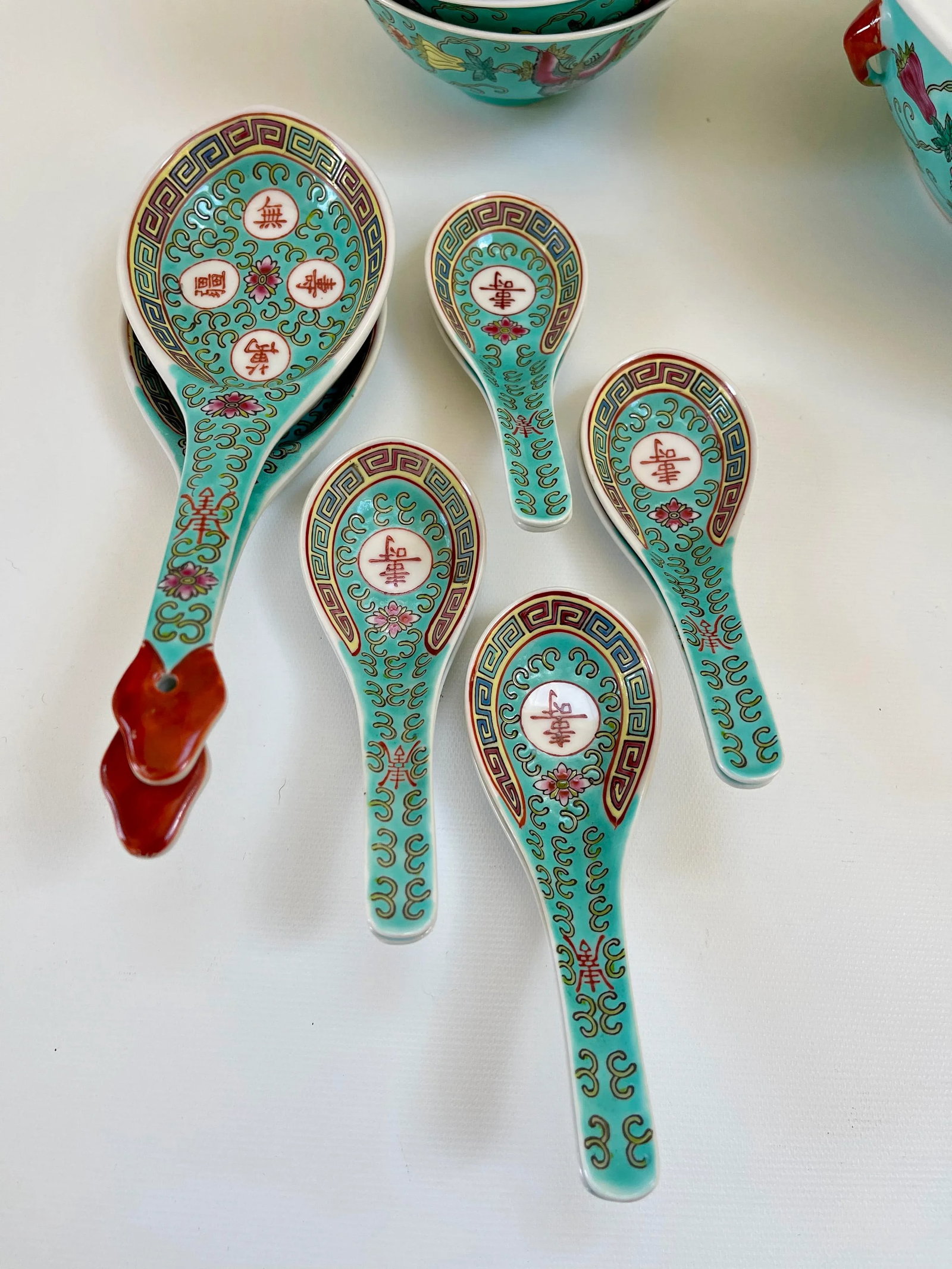Turquoise Famille Rose Soup Tureen & Bowls Serving Set - Set of 21 - 6
