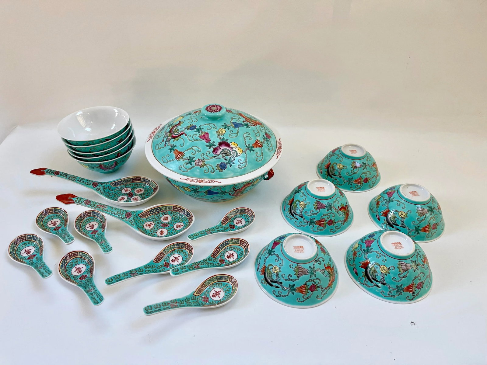 Turquoise Famille Rose Soup Tureen & Bowls Serving Set - Set of 21 - 7