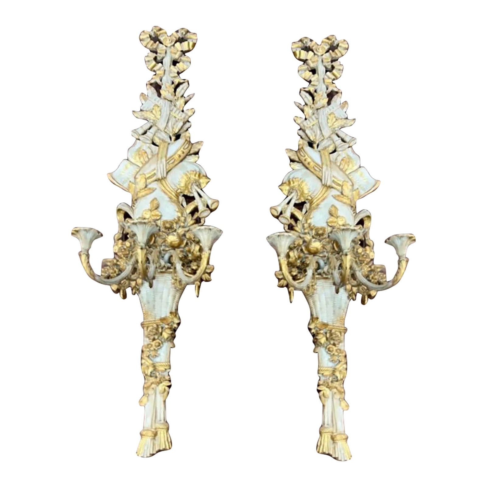 Rosecliff Theatrical Sconces- Set of 2: I have a set of two. The originals hang in Rosecliff, one of the great Gilded Age mansions of Newport, Rhode Island. These 19th Century French giltwork sconces are adorned with fanciful appliques