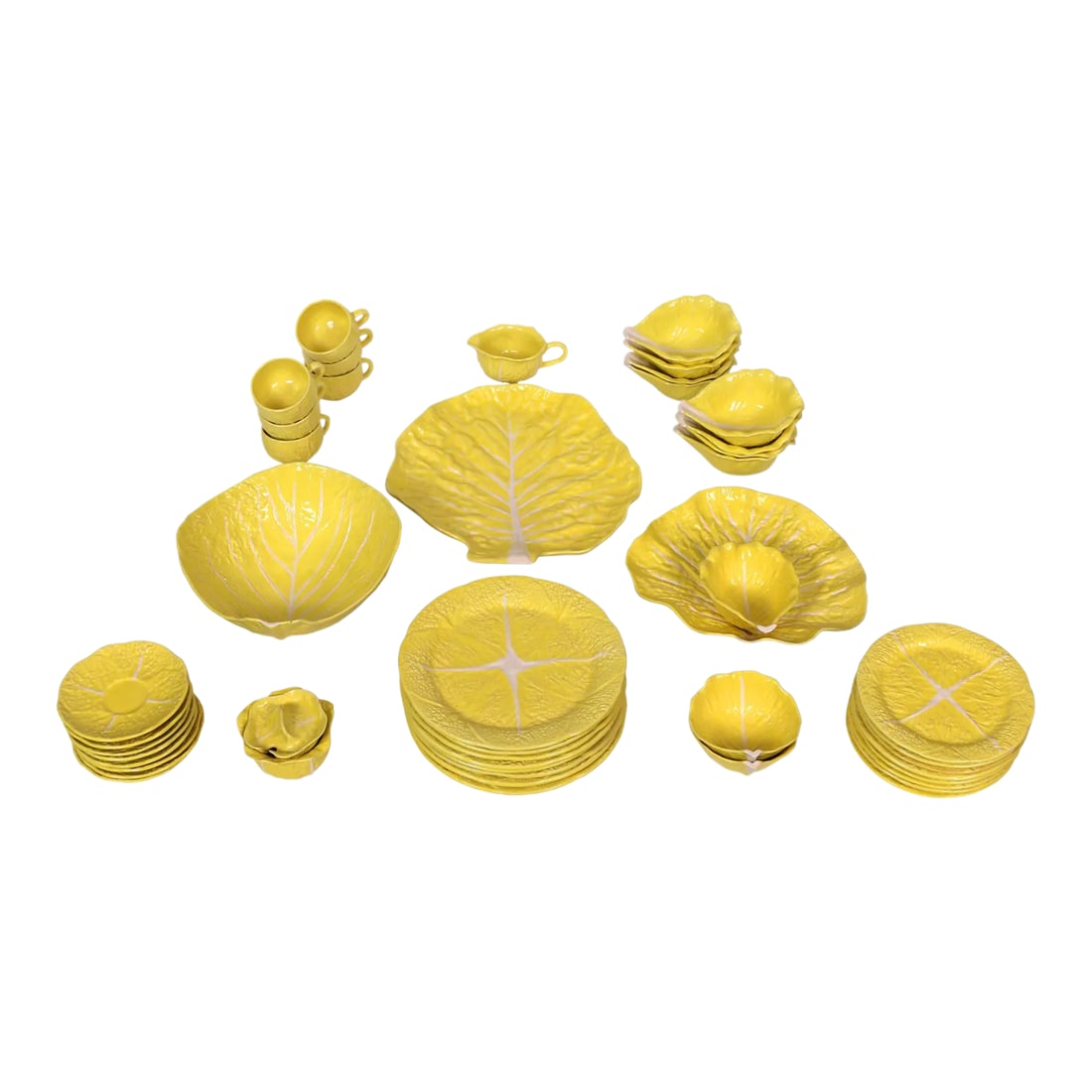 1950s Vintage Selca Yellow Majolica Cabbage Plate Set- 42 Pieces: Yellow Vintage Majolica, 42 pieces. By Selca, made in Portugal Eight 11" Dinner, Eight salad/dessert, Eight bowls, One serving bowl, One platter, One Crudites serving dish (bowl attached to serving di