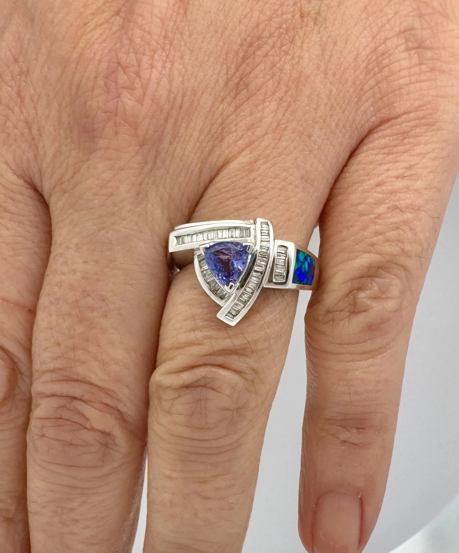Vintage Tanzanite Inlaid Opal and Diamond Cluster Ring in 14k White Gold - 2