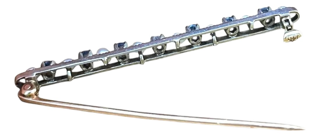 Antique Edwardian Seed Pearl Sapphire Diamond Bar Brooch in Yellow Gold: Metal type: 14K Yellow Gold, Gemstone: Diamond/sapphire/pearl, 1RD- 0.04ct, G/H VS1Weight: 2.8 grams Condition: Alterations: Original Condition Unaltered Imperfections: Some Imperfections Condition