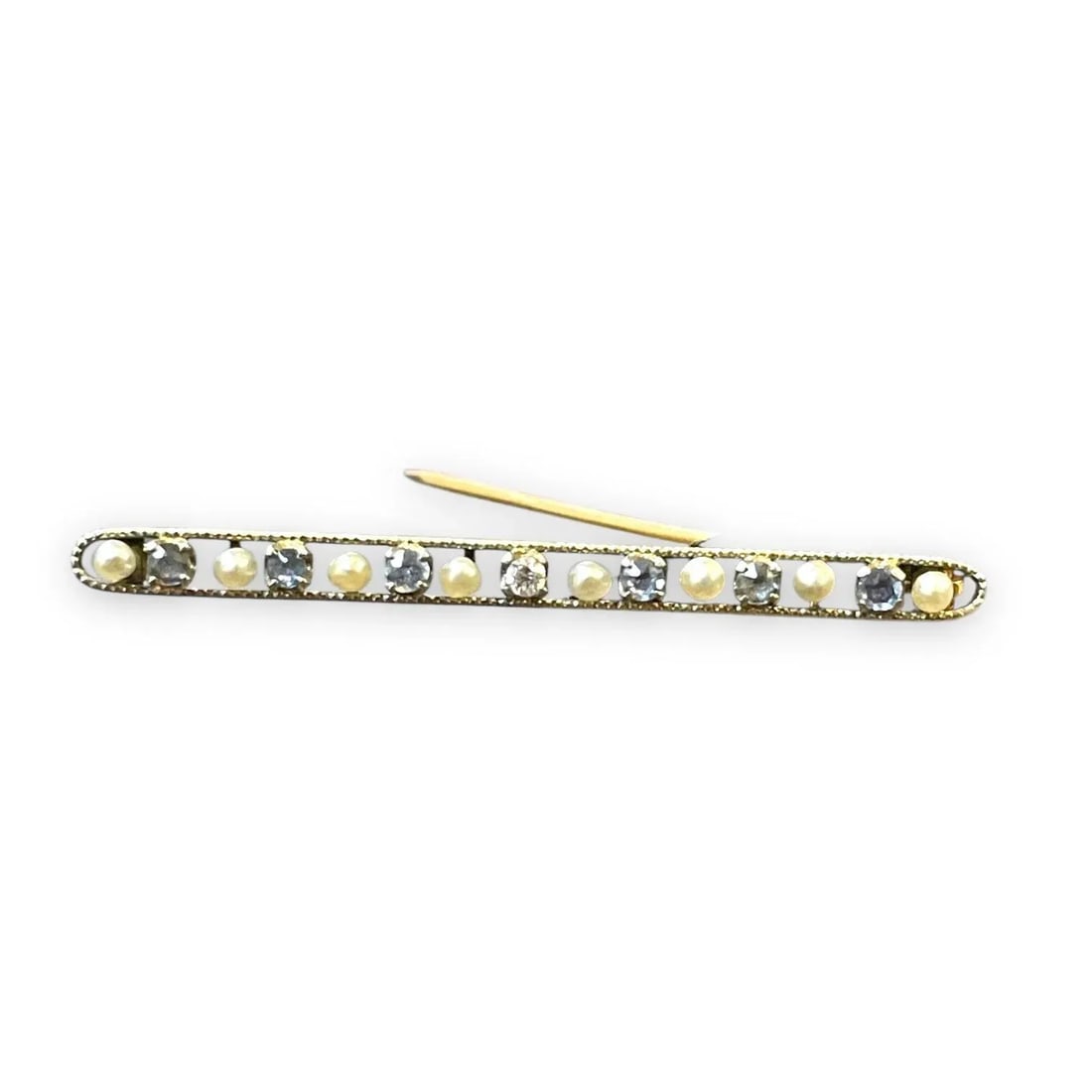 Antique Edwardian Seed Pearl Sapphire Diamond Bar Brooch in Yellow Gold - 2
