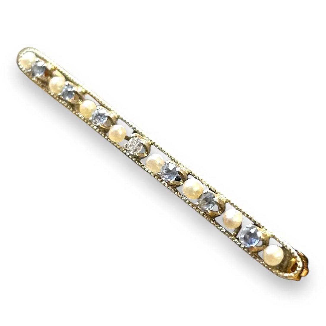 Antique Edwardian Seed Pearl Sapphire Diamond Bar Brooch in Yellow Gold - 3