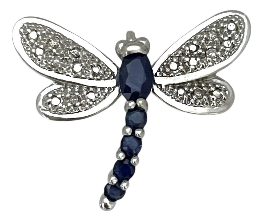 14k White Gold Dragonfly Pendant With Blue Sapphires and Diamonds: A delicate and elegant dragonfly pendant crafted in 14K white gold, featuring dazzling diamond-studded wings and a body adorned with vibrant blue sapphires. This stunning piece symbolizes