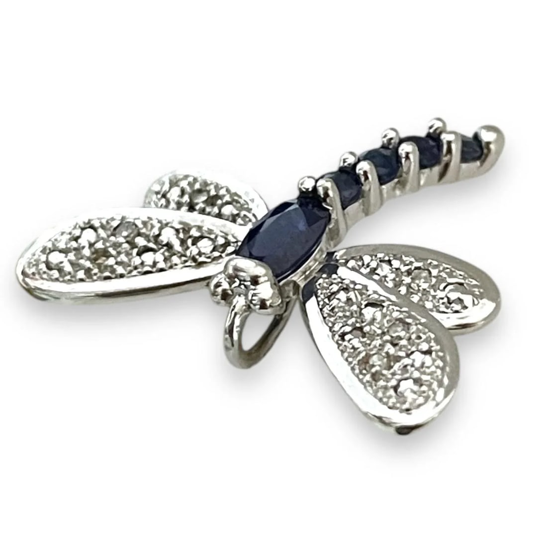 14k White Gold Dragonfly Pendant With Blue Sapphires and Diamonds - 2