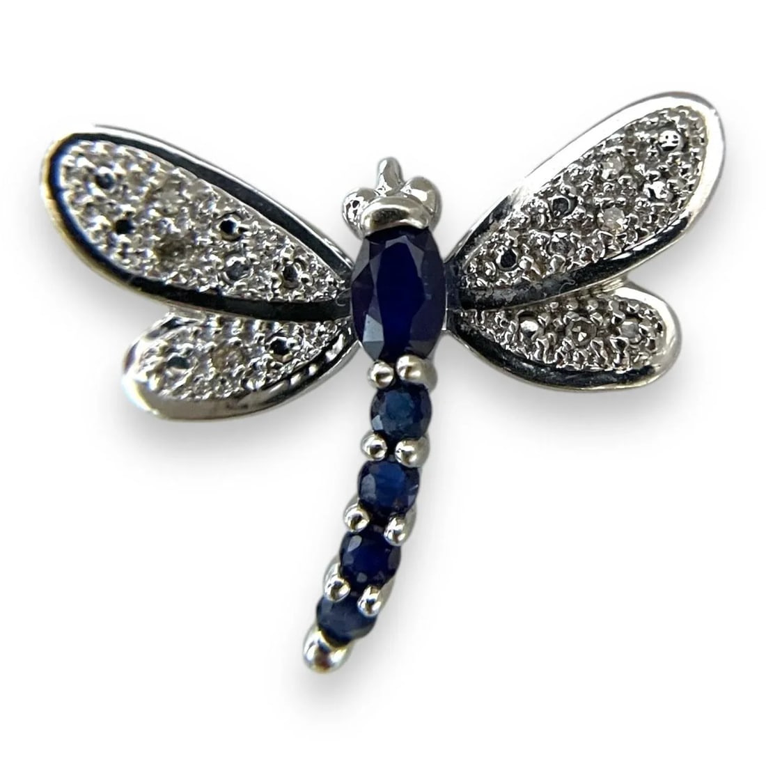14k White Gold Dragonfly Pendant With Blue Sapphires and Diamonds - 3