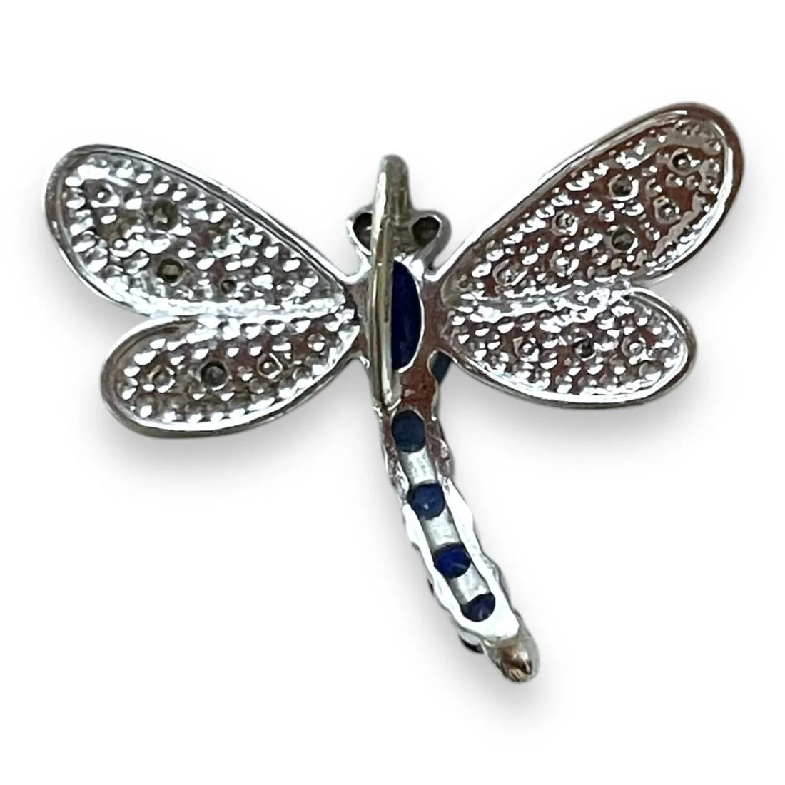 14k White Gold Dragonfly Pendant With Blue Sapphires and Diamonds - 4