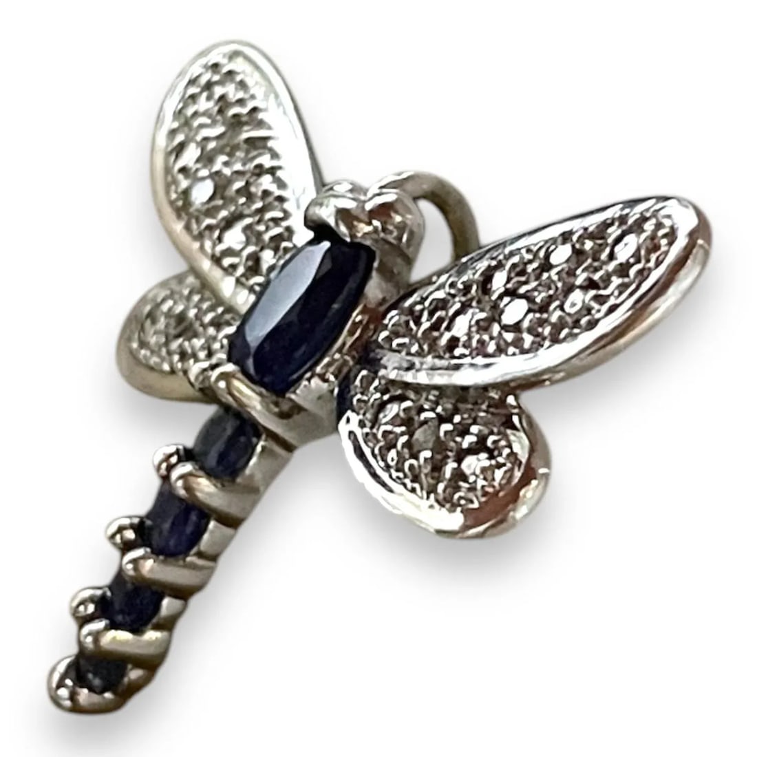 14k White Gold Dragonfly Pendant With Blue Sapphires and Diamonds - 5