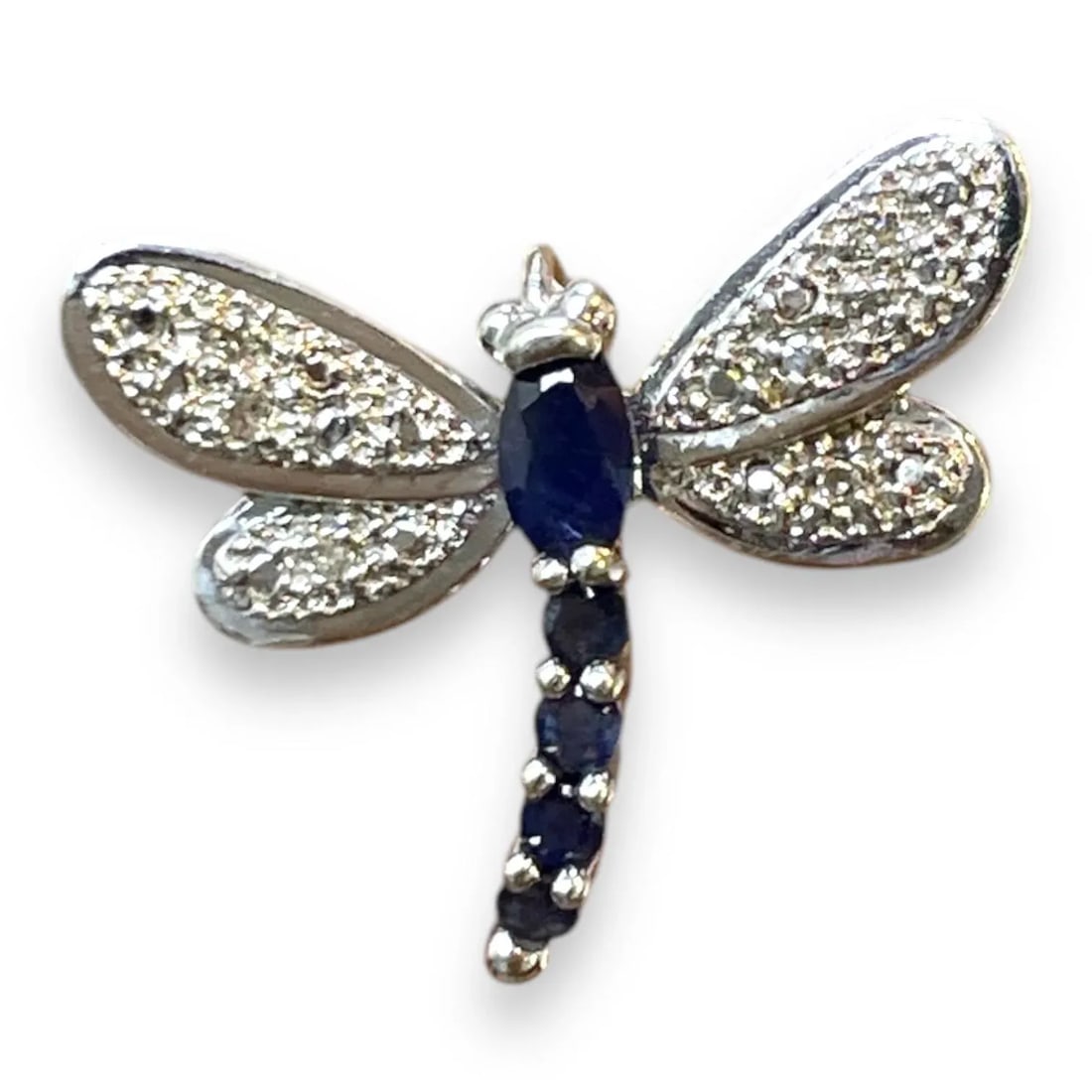 14k White Gold Dragonfly Pendant With Blue Sapphires and Diamonds - 6