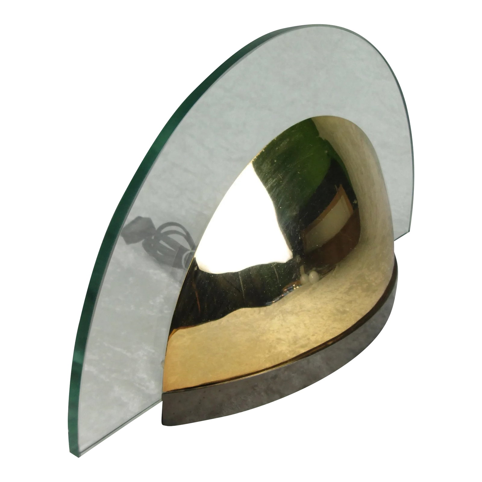 Vintage Relco Hollywood Regency Table Lamp Murano Italy: Vintage Relco Mid Century Modern Hollywood Regency Lamp of Glass and Metal. The lamp is constructed of a half circle of glass with a protruding convex gold metal section with a darker color metal