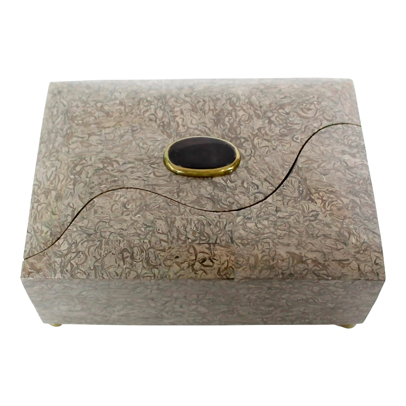 Rosewood Marble-Clad Tabletop Storage Box | Gemstone Detail: Unique rosewood box designed with a modernist slide drawer. Solid brass ball feet and a black stone knob. Exquisite rosewood interior. Interior is unlined rosewood, suitable for papers, large personal