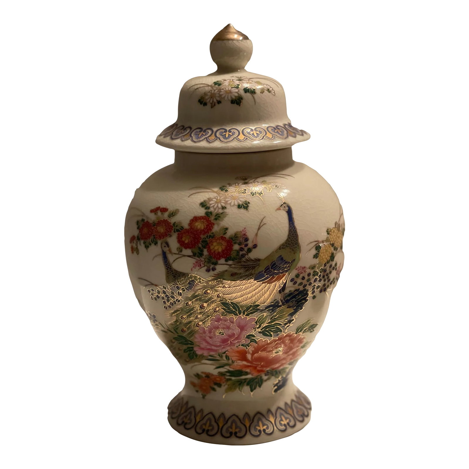 Mid Century Japanese Satsuma Crackled Jar With Lid, Red Stamped: Great find. Satsuma ware Toyo hand-painted with fine crackles. Vase showcases intricate craftsmanship, hand painted. Vintage Satsuma Peacock Ginger Jar, porcelain lidded, made between 1921 & 1940.