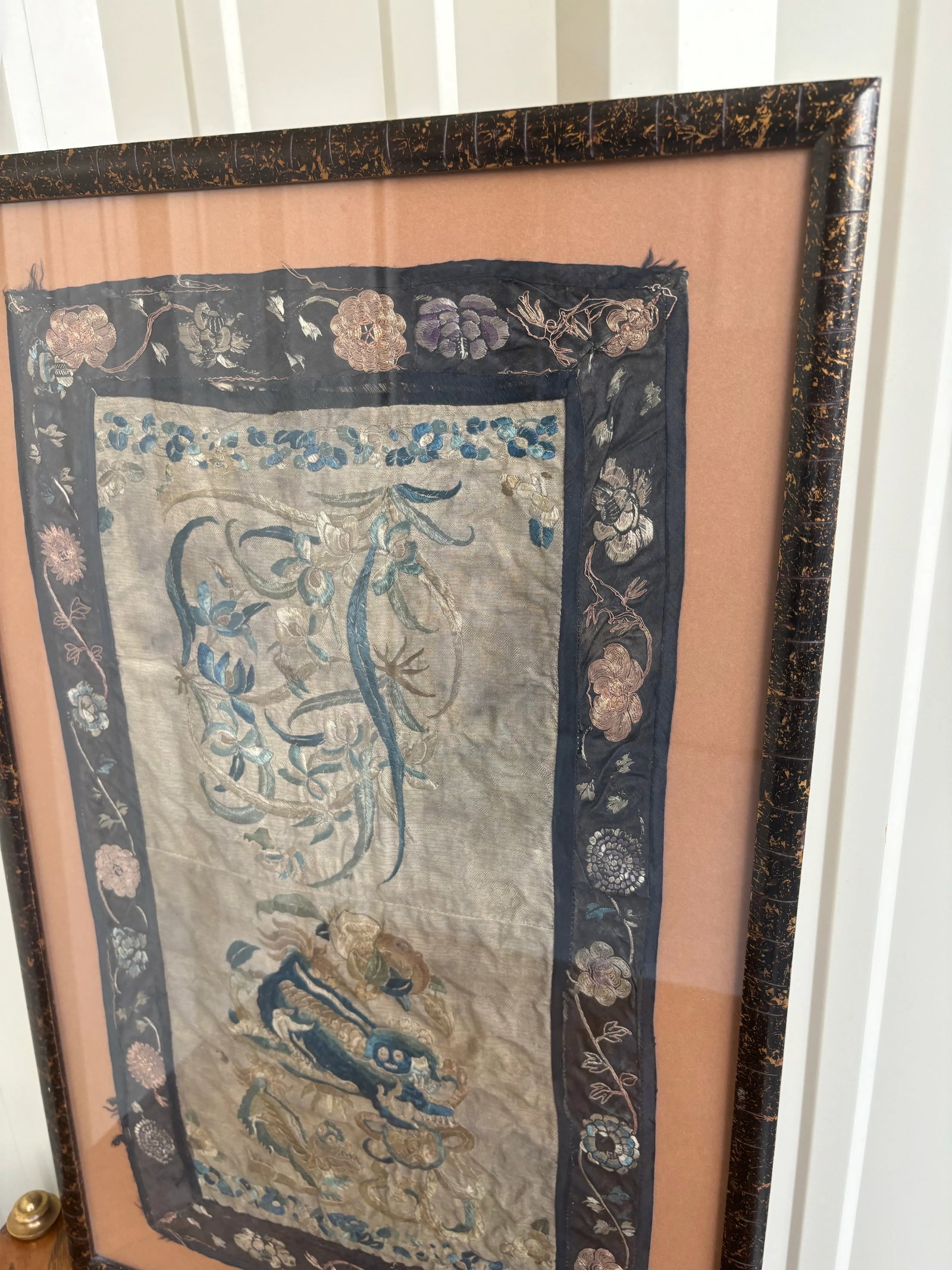 Vintage Embroidered Chinese Dragon Silk Tapestry Textile Art in Tortoise Frame - 2
