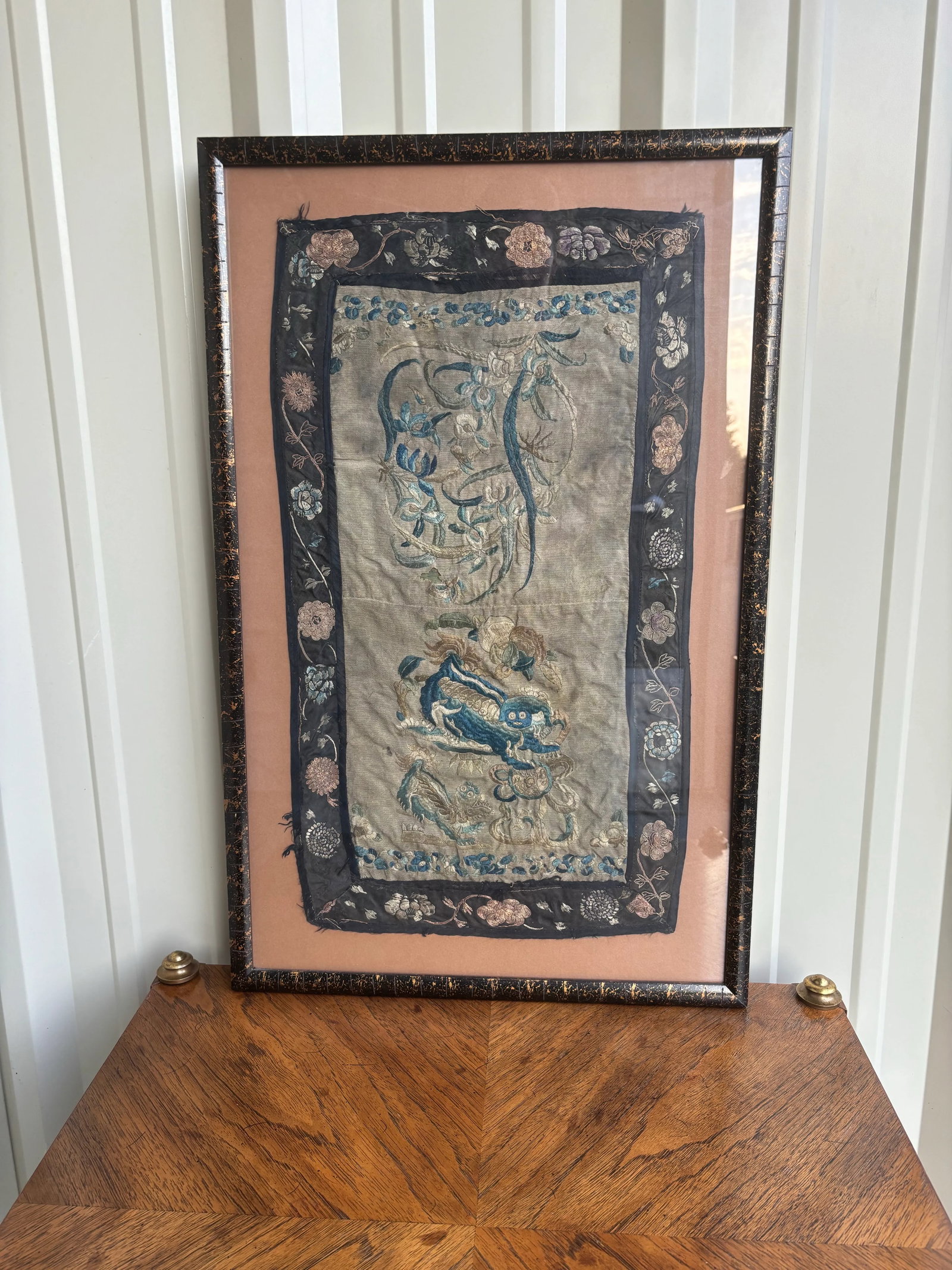 Vintage Embroidered Chinese Dragon Silk Tapestry Textile Art in Tortoise Frame - 3