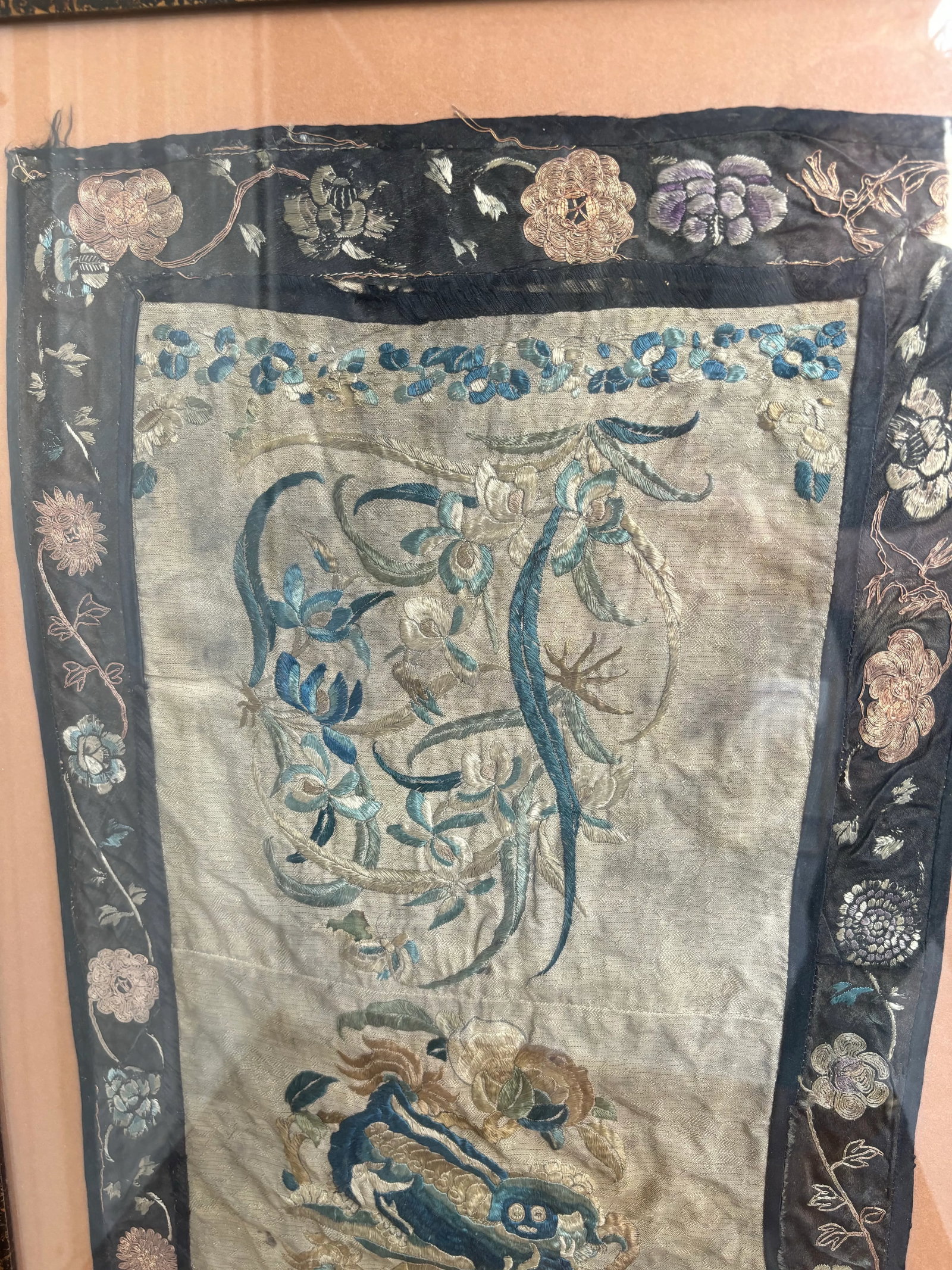 Vintage Embroidered Chinese Dragon Silk Tapestry Textile Art in Tortoise Frame - 5