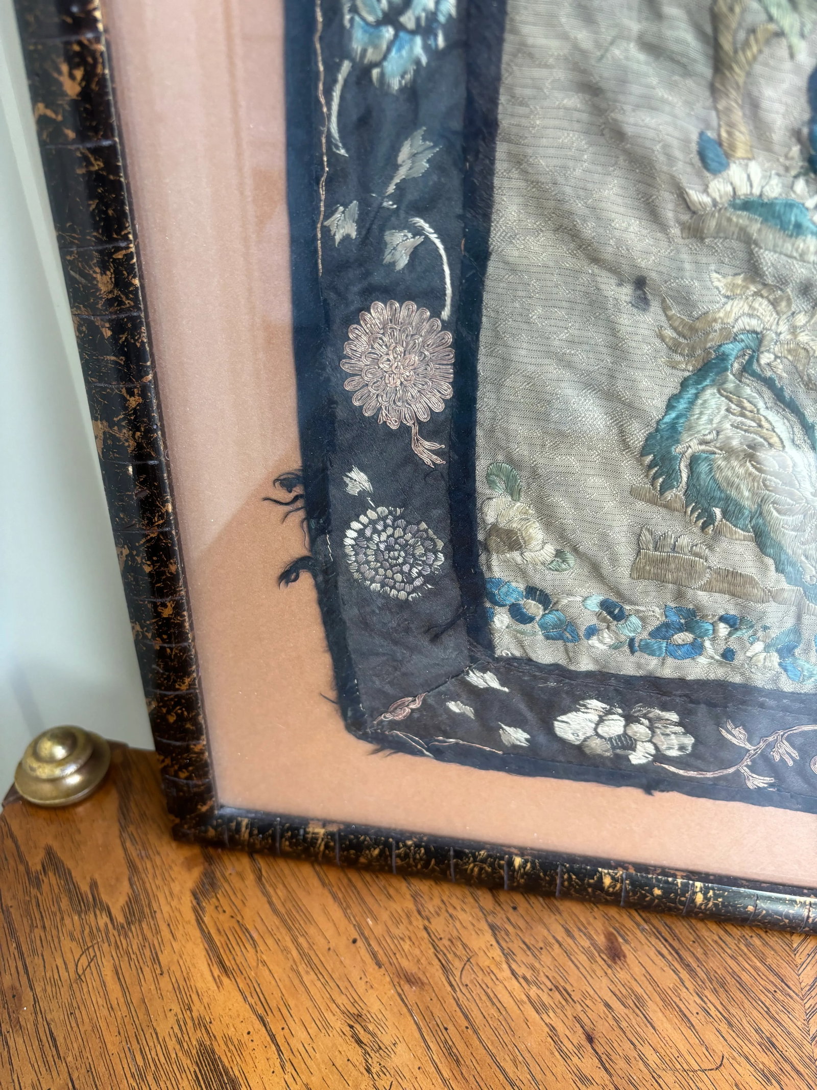 Vintage Embroidered Chinese Dragon Silk Tapestry Textile Art in Tortoise Frame - 7