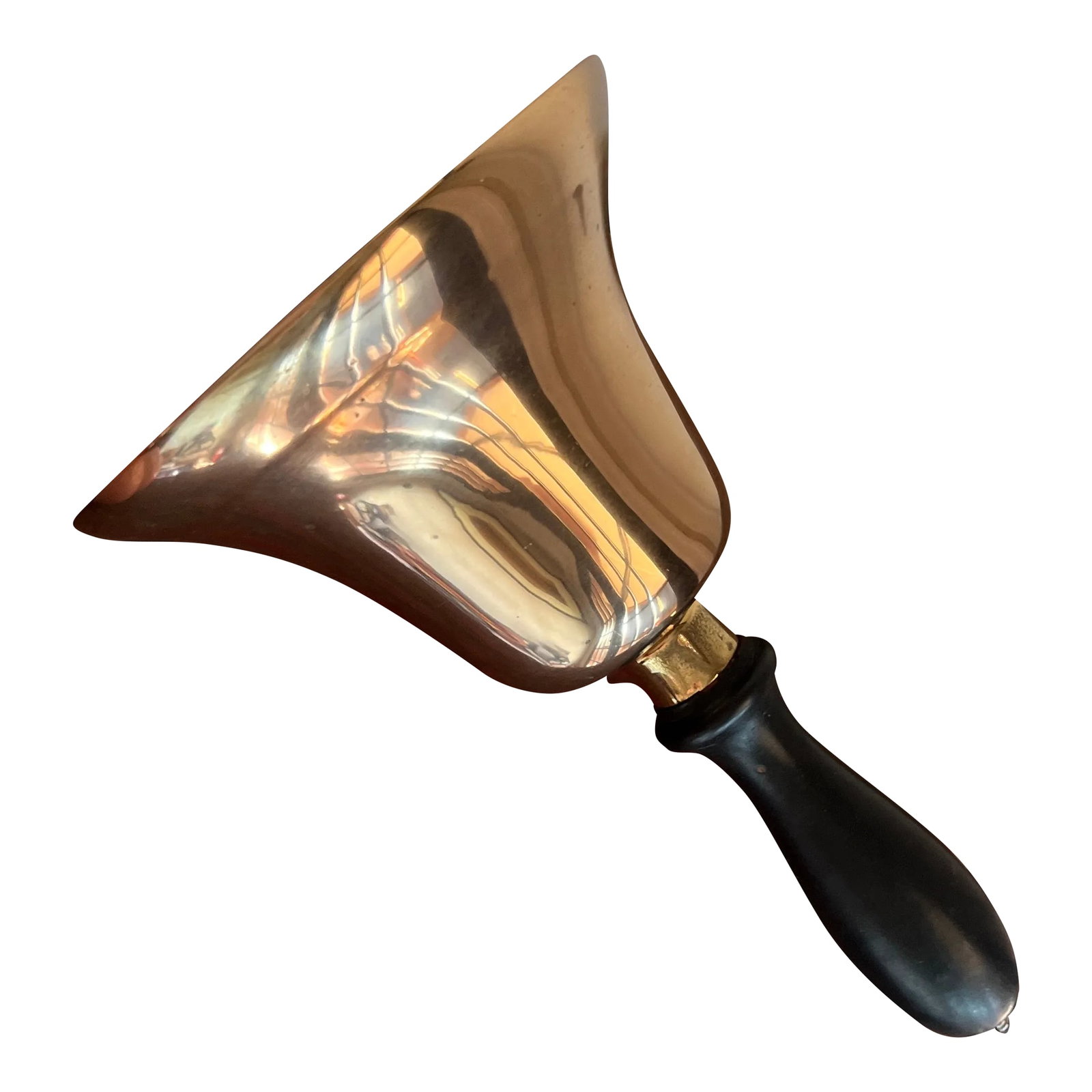 1920s Antique Schoolmaster's Brass Bell Features Wooden Handle: Antique Schoolmaster's Bell Features: - solid brass - wooden handle - measures 8 3/8" total height - wooden handle measures 4" total height - base diameter: 4 7/8" - beautiful aged patina - beautiful 