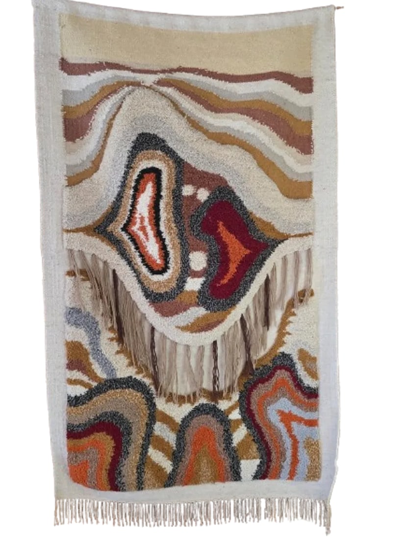 1970s Macrame Wall Rug Tapestry: Beautiful handmade tapestry or Wall rug from the 1970's warm orange/rust/brown tones and elegant composition rolled on top to a wooden rod - easy to hang dimensions : 36" x 62" note : we could not