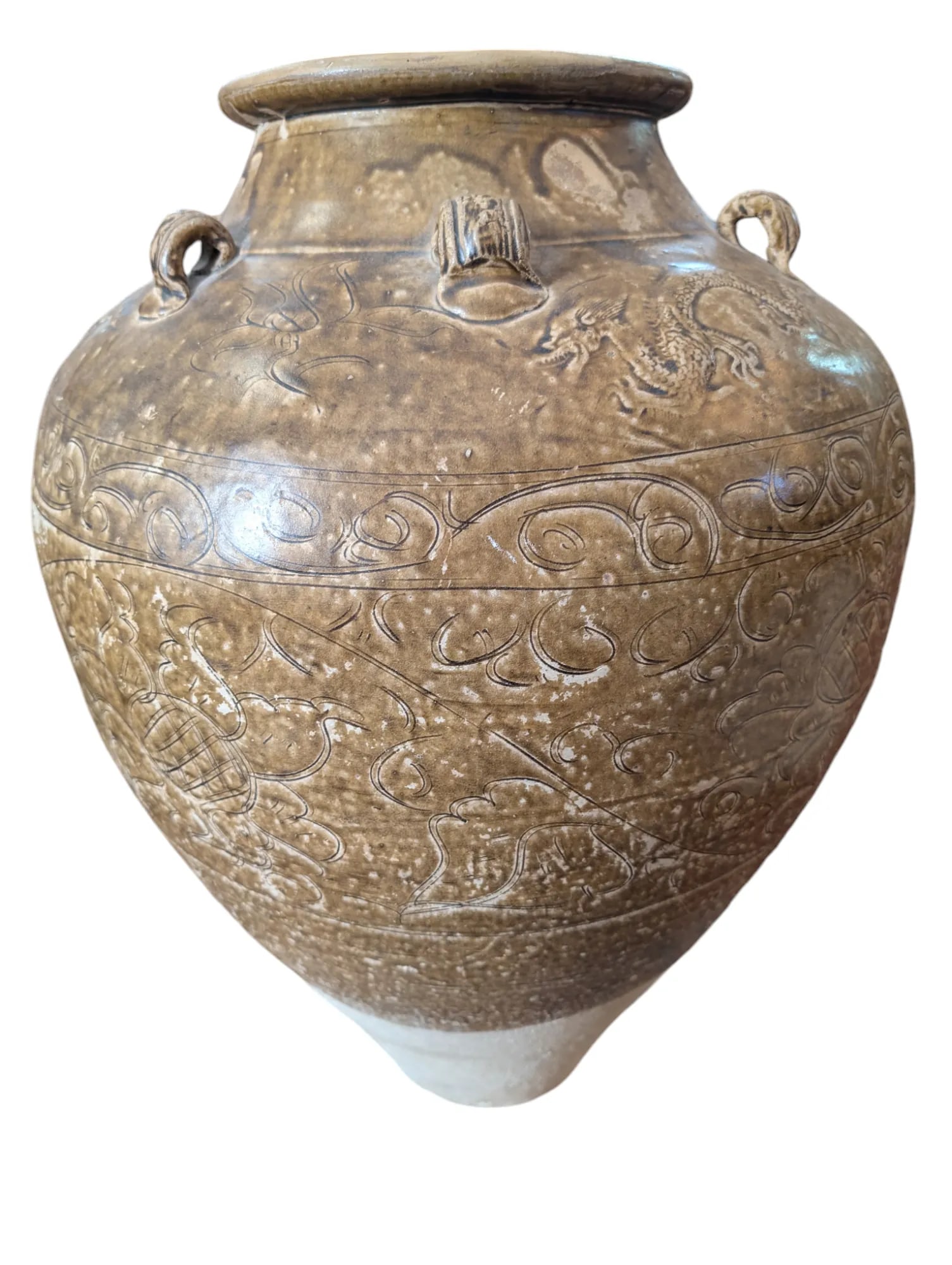 1950s Vintage Pottery Vase, Large Decorative Urn With Dragon Motif - 4