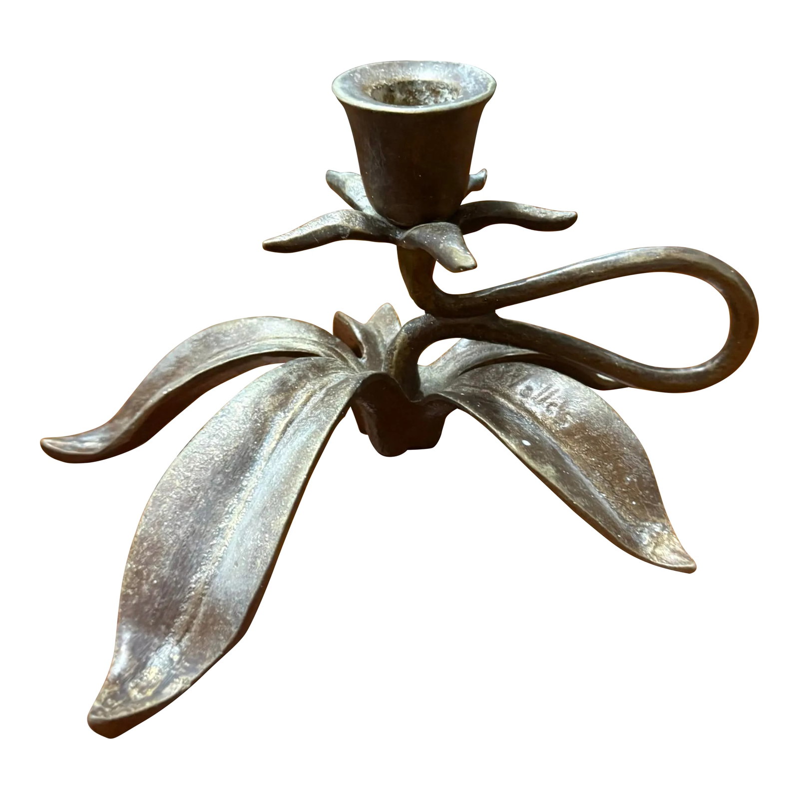 Scott Nelles Floral Bronze Candleholder, 1986: The Scott Nelles Floral Brass Candleholders were crafted in 1986, showcasing an elegant design Inspired by Nature. Each candleholder is individually marked and dated by the skilled craftsmanship of Sc