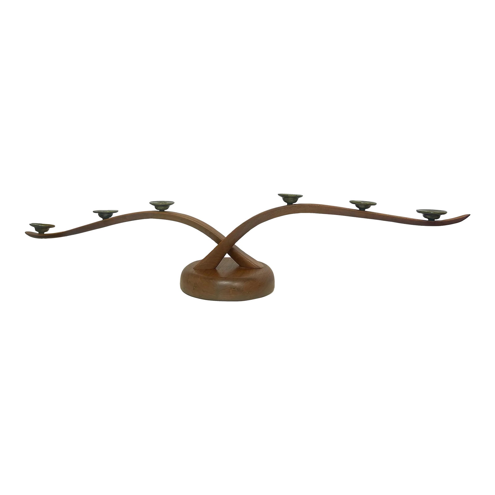 Late 20th Century Original Larry Brown Walnut and Ceramic Candlebra, Signed: Larry Brown, a well known woodworker based out of Oregon, designed this custom commissioned 6 light Candlebra. Beautiful walnut wood grain and a sexy curvy shape, this piece has a round bottom with 2
