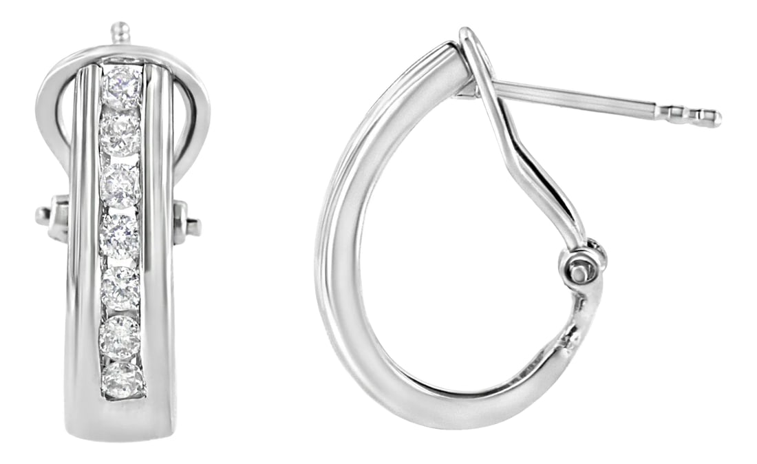.925 Sterling Silver Channel Set 1/2 Cttw Lab Grown Round Diamond Omega Back Huggy Hoop Earrings: The elegance of these huggy hoops and purity of the .925 sterling silver it is crafted in is a sight of irresistible glamour. The 14 round brilliant cut, channel set lab grown diamonds are perfect to